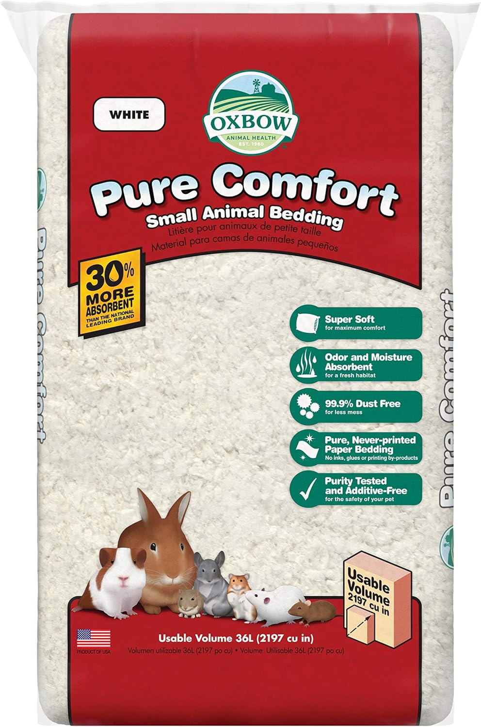 Oxbow Pure Comfort Small Animal Bedding, Odor & Moisture Absorbent Litter for Bunny Litter Box, Low Dust Bedding for Guinea Pig Cage, White Paper, 36 Liter Bag