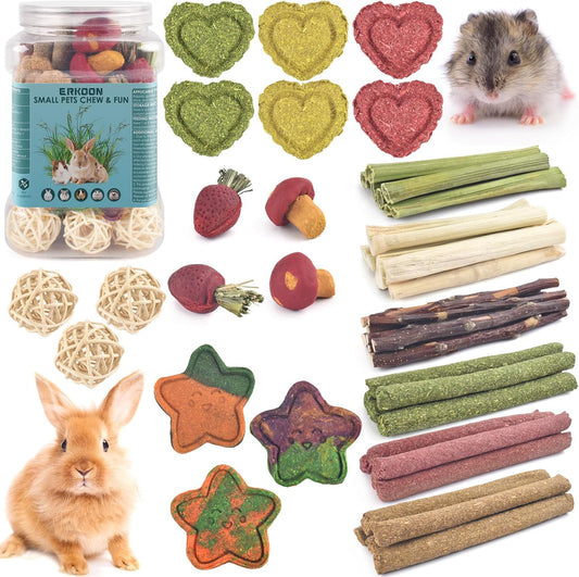ERKOON 53 Bunny Chew Toys for Rabbits Teeth, Natural Rabbit Toys Apple Wood Sticks, Carrot, Timothy Grass for Small Pets, Hamster, Chinchilla, Guinea Pig Dental Care and Treat Teething(53)