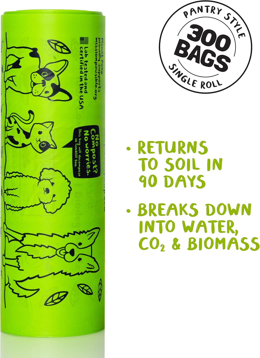 PLANET POOP Home Compostable Dog Poop Bags, Large Single Roll 300 Grab & Go, for Dogs Un-Scented Dog Waste Bags, Thick Leakproof Doggy Cat Bag, Plant-Based Pet Supplies