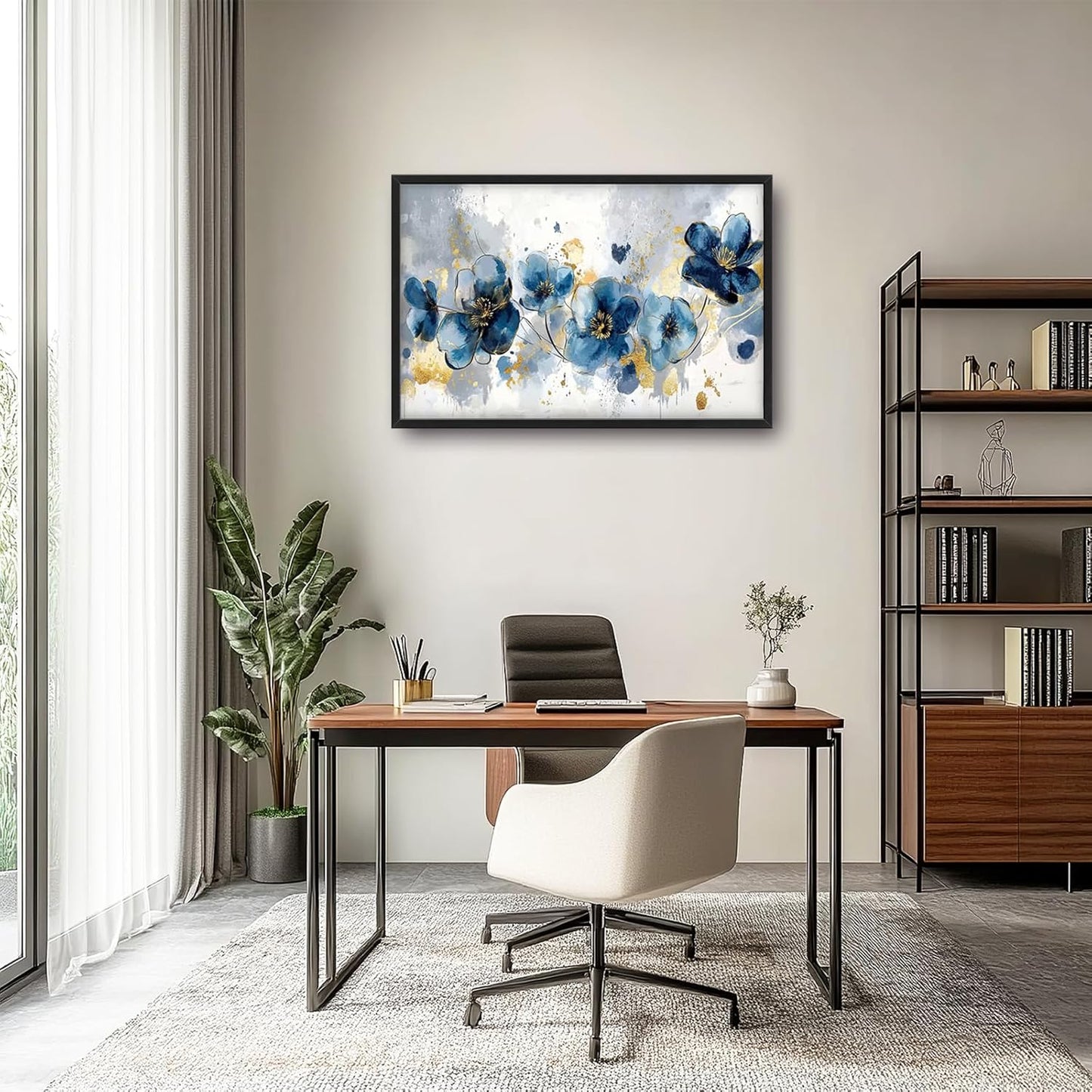 Extra Large Framed Abstract Blue Flower Wall Art,Oversized Golden Grey Floral Wall Decor Pictures for Living Room,Canvas Print Painting Modern Artwork Bedroom Office Bathroom Home Decor 36L" x 24W"