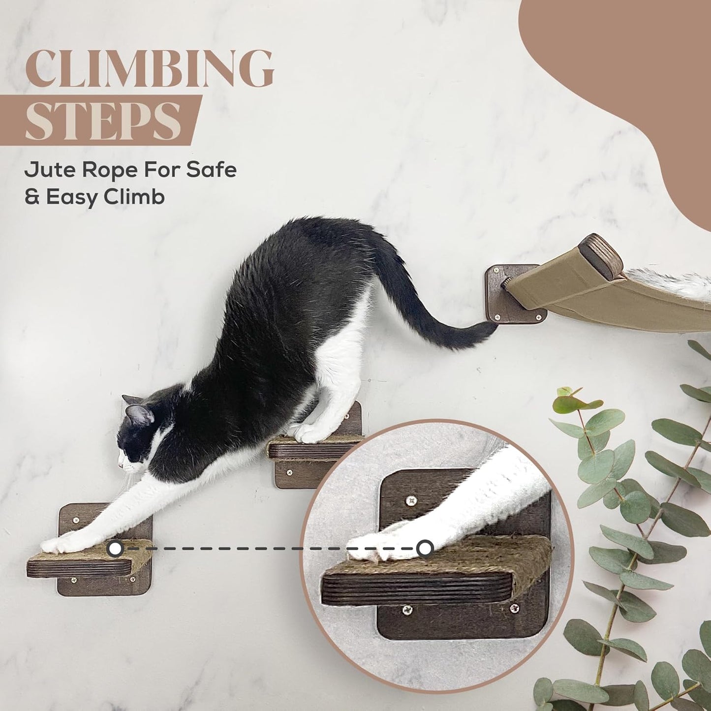 Multi-Level Cat Wall Hammock with Plush Cushion and Two Steps - Shelves Set with Perches for Playing, Climbing, and Sleeping - Wooden Cat Wall Bed