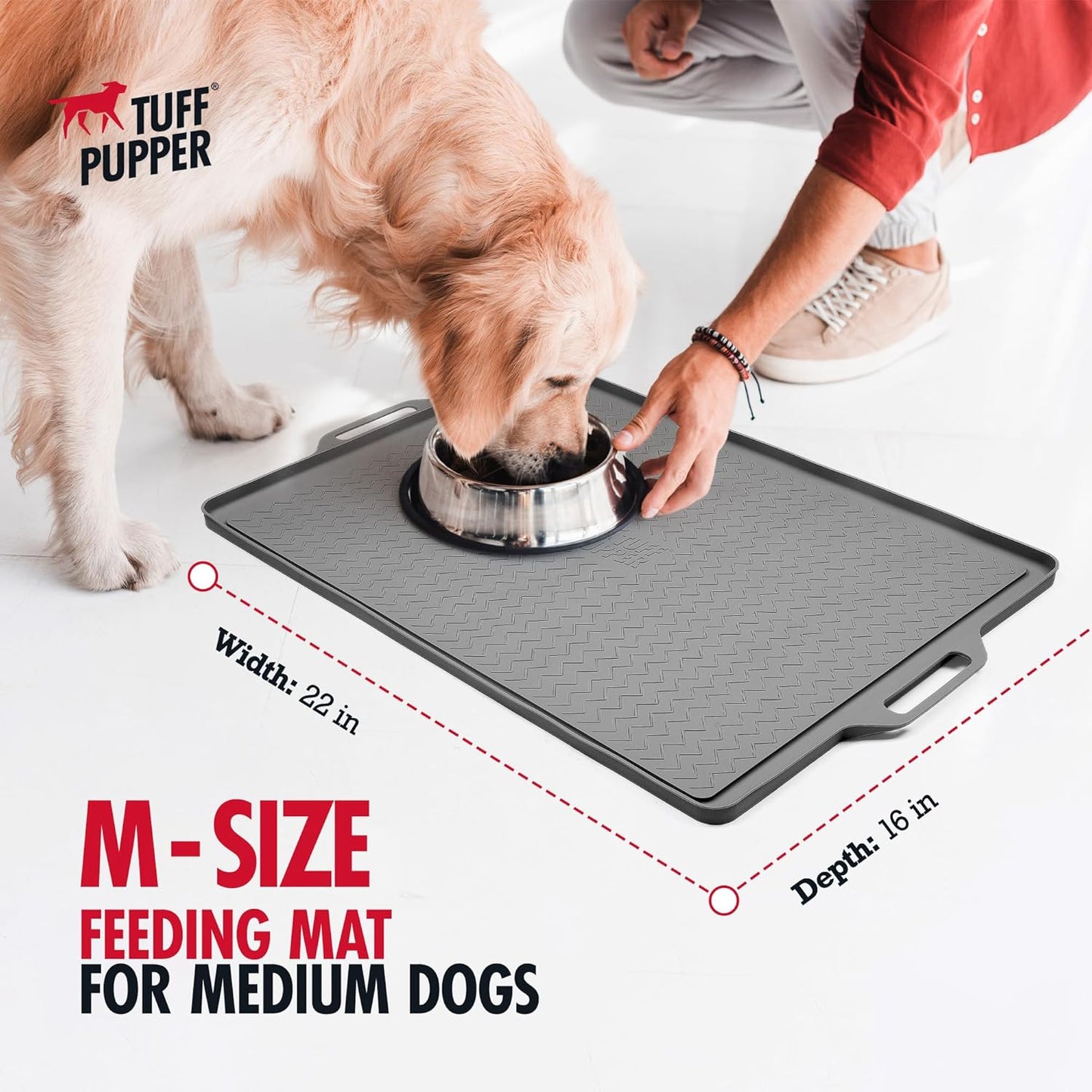 Tuff Pupper 22x16 Medium Dog Feeding Mat for Food and Water | Dog Food Mats for Floors | Waterproof Dog Water Bowl Mat | Dog Placemats Pet Food Mat | Silicone Feeding Mat for Cats and Cat Bowls