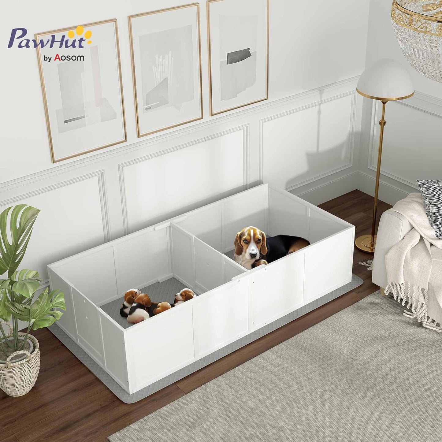 PawHut Whelping Box for Dogs and Puppies, Whelping Pen with Washable Waterproof Pee Pad & Adjustable Door for Medium and Small Dogs, White, 77" x 38" x 19"