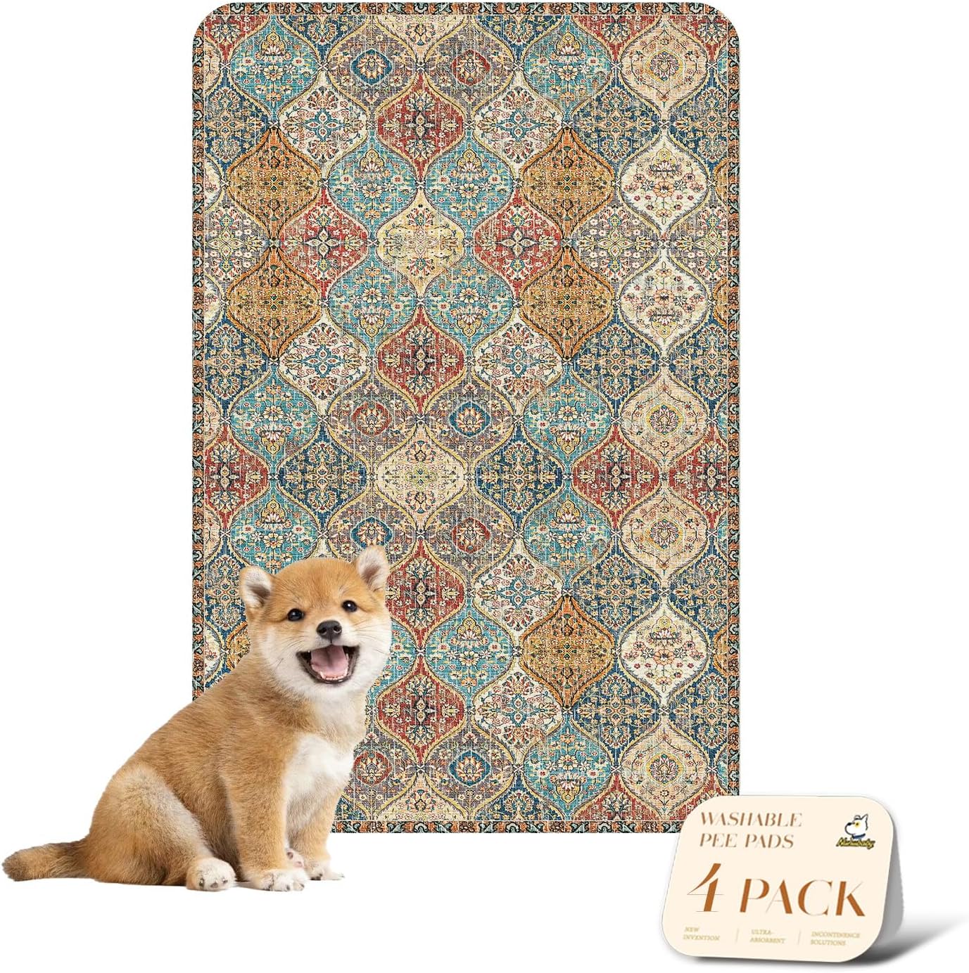 nunubaby 4PACK Washable Pee Pads for Dogs, Stylish, Non-Slip and Leak-Proof Pee Pads. Reusable Potty Pads for Dogs for Crates and Floors.(Cream/Multi, 24" x36")