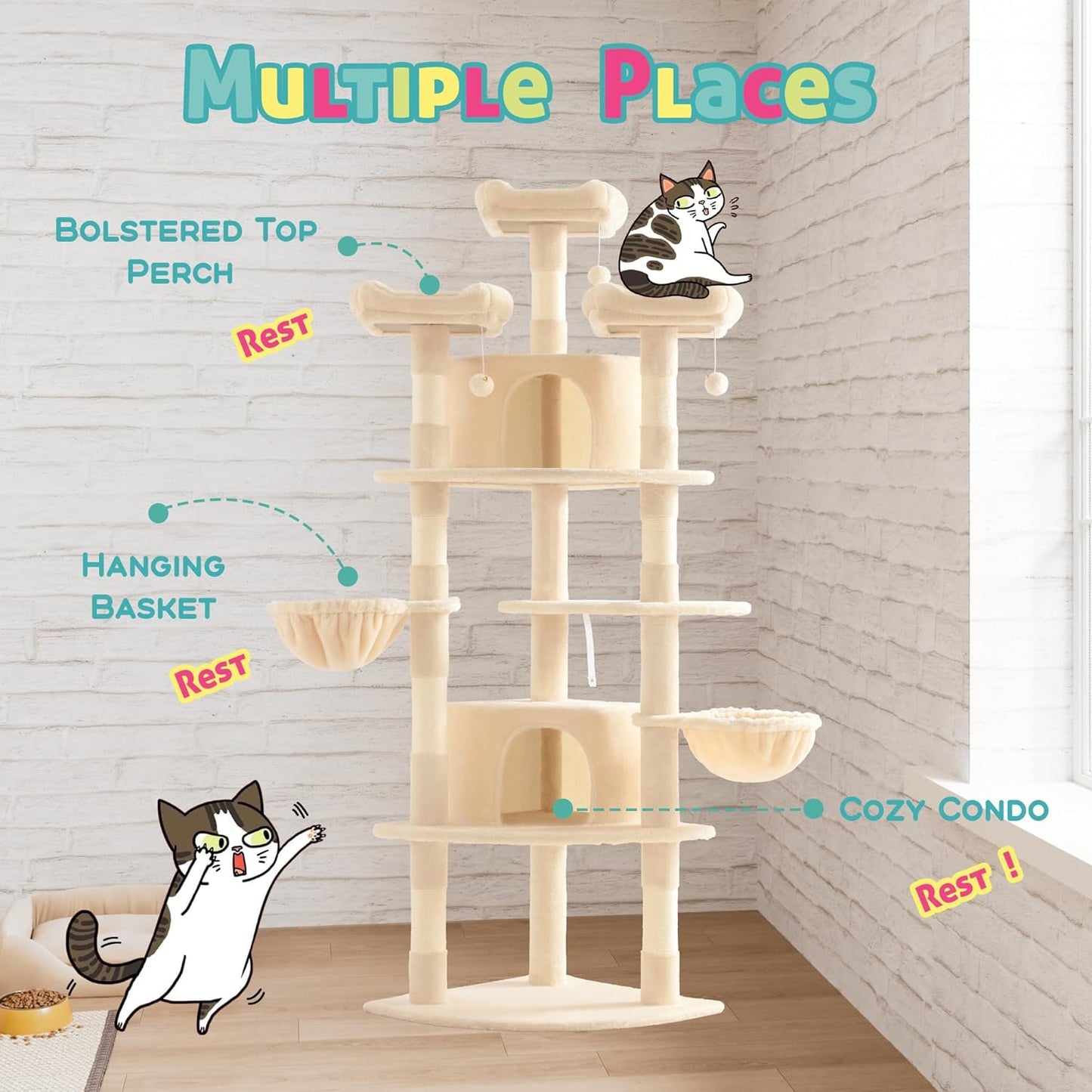 SHA CERLIN 73in Fan-Shaped Corner Cat Tower for Save Space/Multi-Level Tall Cat Tree for Indoor Kitties/Condo with Baskets/Cozy Perches/Sisal Scratching Posts/Pet Activity House/Beige