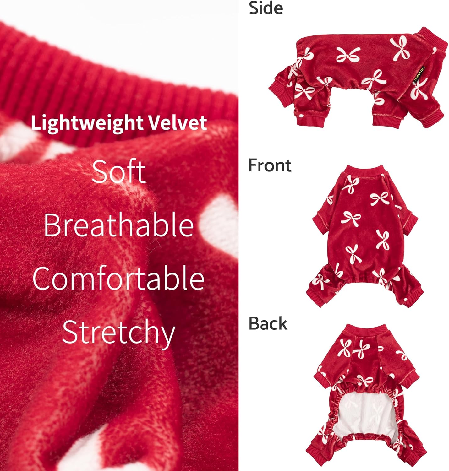 Fitwarm Bowknot Dog Pajamas, Warm Clothes for Small Dogs Girl, Fleece Pet Onesie with Feet, Burgundy Red, White, Medium
