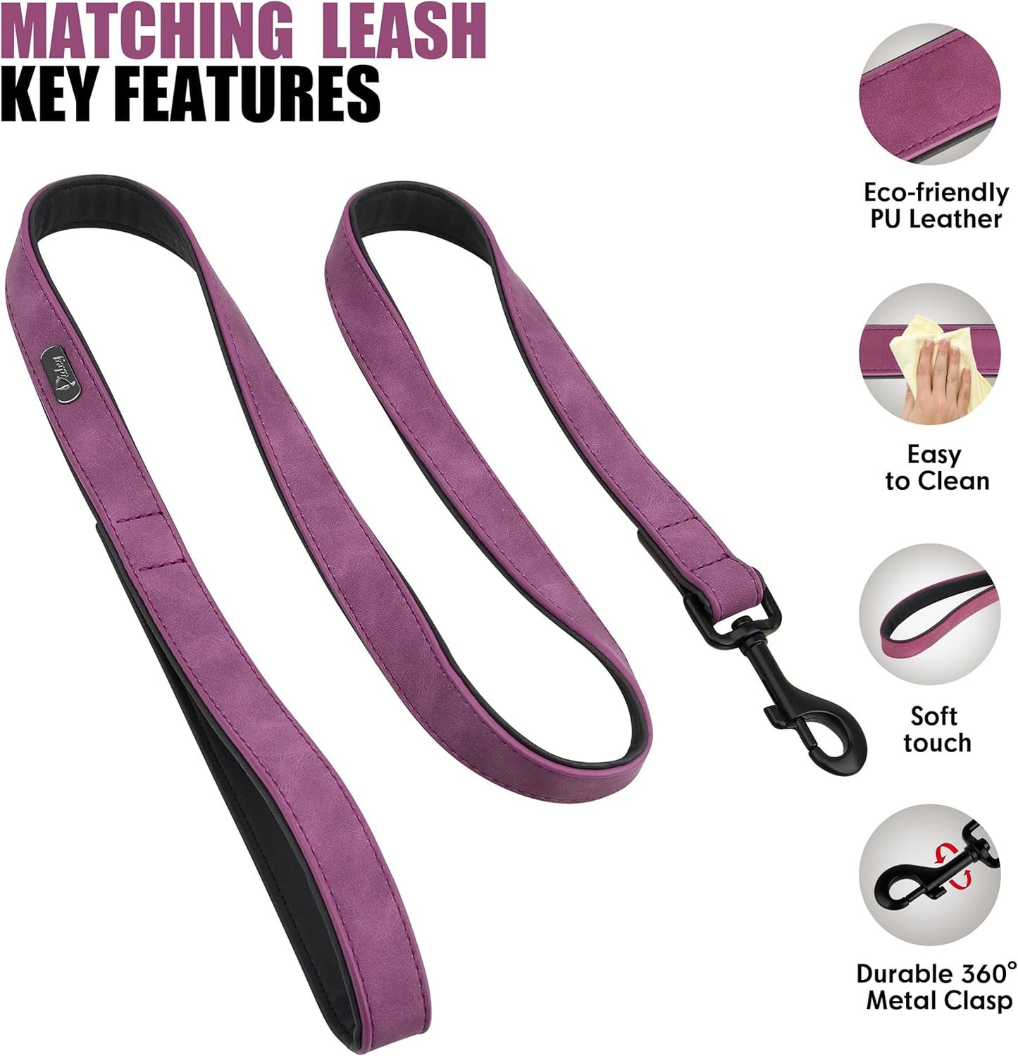 Didog Soft Padded Leather Dog Collar and Leash Set, Heavy Duty Dog Leash and Collar Set with Metal Buckle, Breathable Dog Collars with 4FT Leather Dog Leash for Small Medium Large Dogs, Purple, L