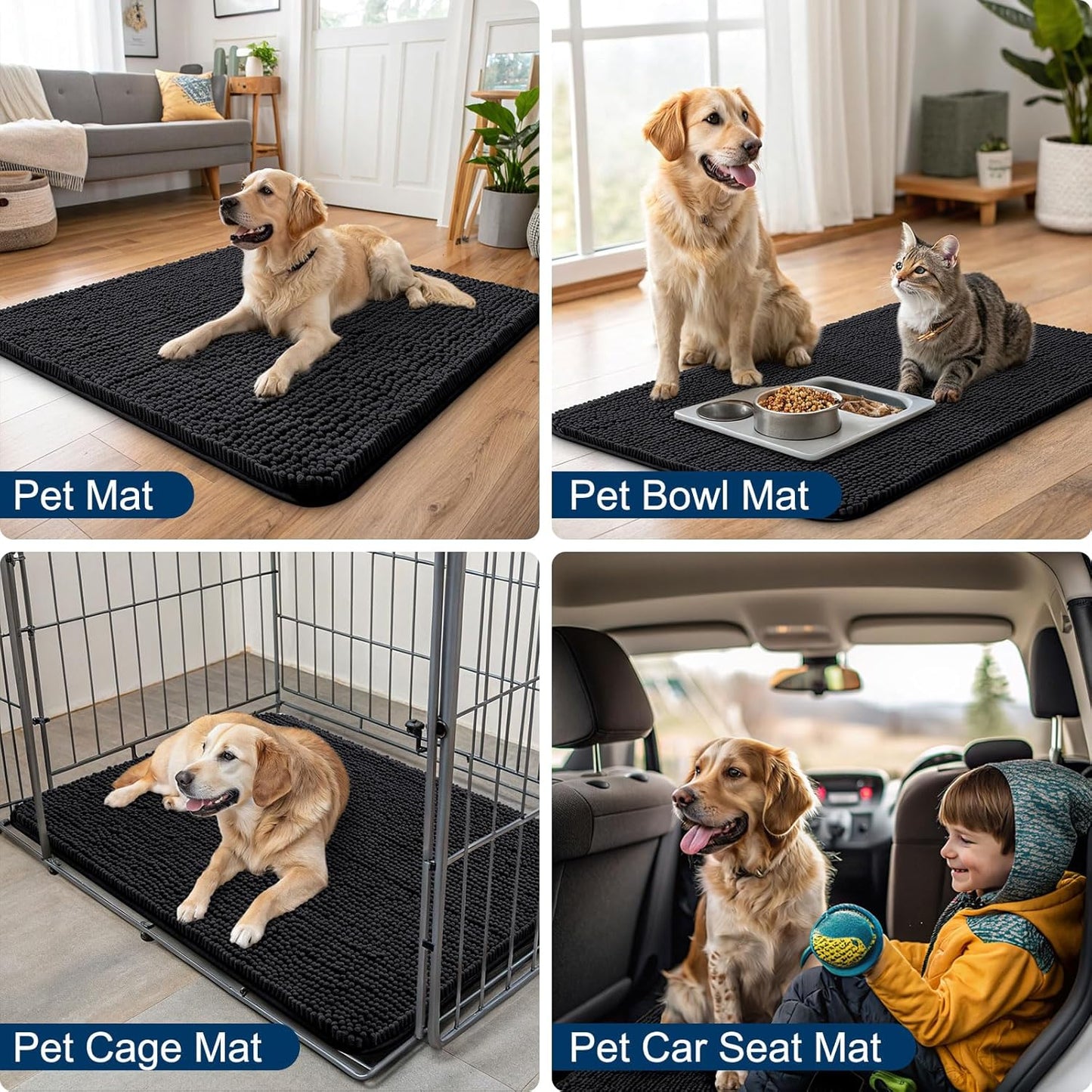 Smiry Dog Door Mat for Muddy Paws 36x24, Absorbs Moisture and Dirt Doormat, Non-Slip Washable Quick Dry Chenille Front Door Mat Indoor Entrance, Entryway Carpet for Inside Floor, Black