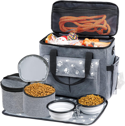 Large Dog Travel Bag, Airline Approved Dogs Bags for Traveling, 2 Dog 's Food Travel Container and Collapsible Bowls, Weekend Pet Travel Bags