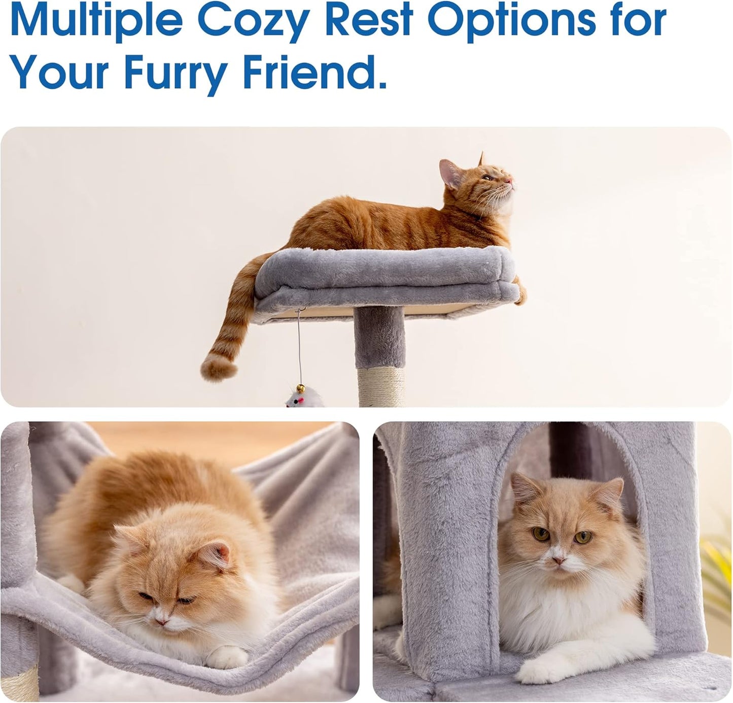 MWPO 70.1-Inch Large Cat Tree, Multi-Level Tall Cat Tower for Indoor Cats, Plush Cat Condo with Big Padded Perches, Sisal-Covered Scratching Posts, Hammock, Toys for Kittens & Cats - Light Grey