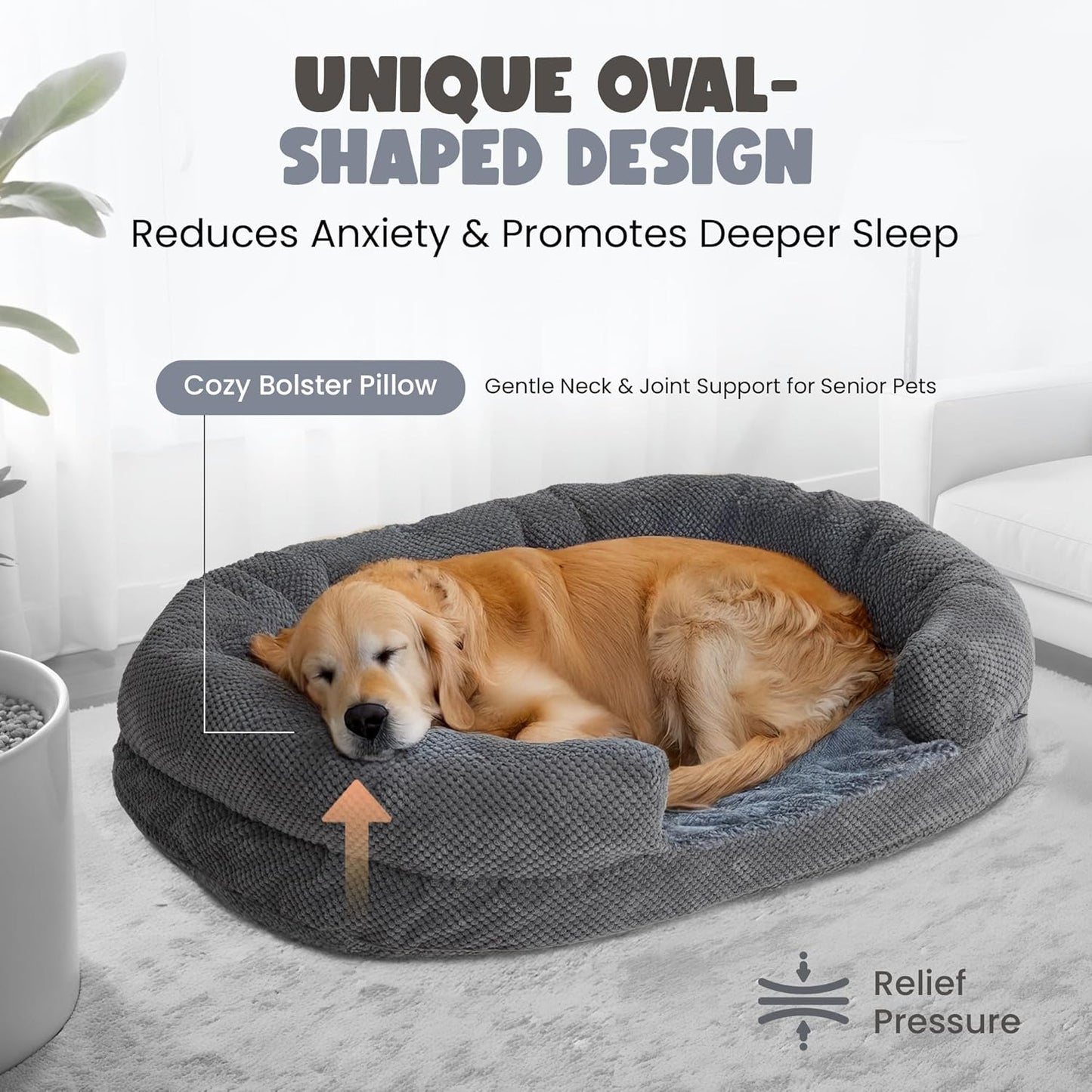 XL Orthopedic Dog Bed, 52"x40" Extra-Thick 4.7" Egg Crate Foam Couch for Extra Large Dogs, Washable Bolster Sofa Bed, Calming Plush Cover, Round Support Pad, Giant Dog Bed with Removable Cover