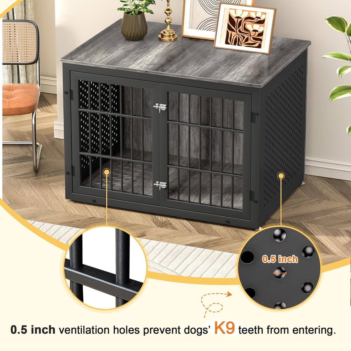 42" Heavy Duty Dog Crate Furniture for Large and Medium Dogs, Enclosed Design Wooden Metal Kennel, Pet Cage Furniture Indoor, Decorative Dog Kennel, End Table