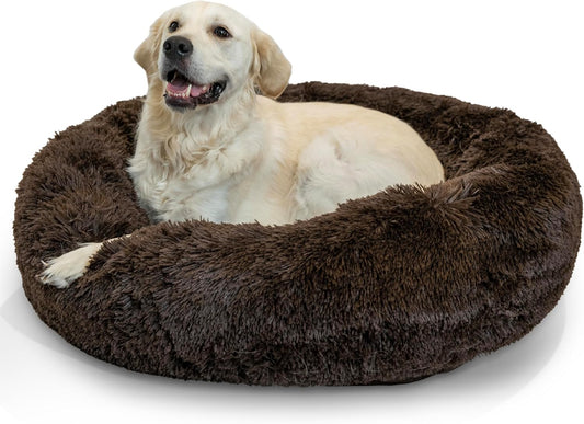 Best Friends by Sheri Original Calming Donut Dog and Cat Bed, Shag Faux Fur, Dark Brown, (36in x 36in) - Anxiety Relief for Pets Up to 100 lbs