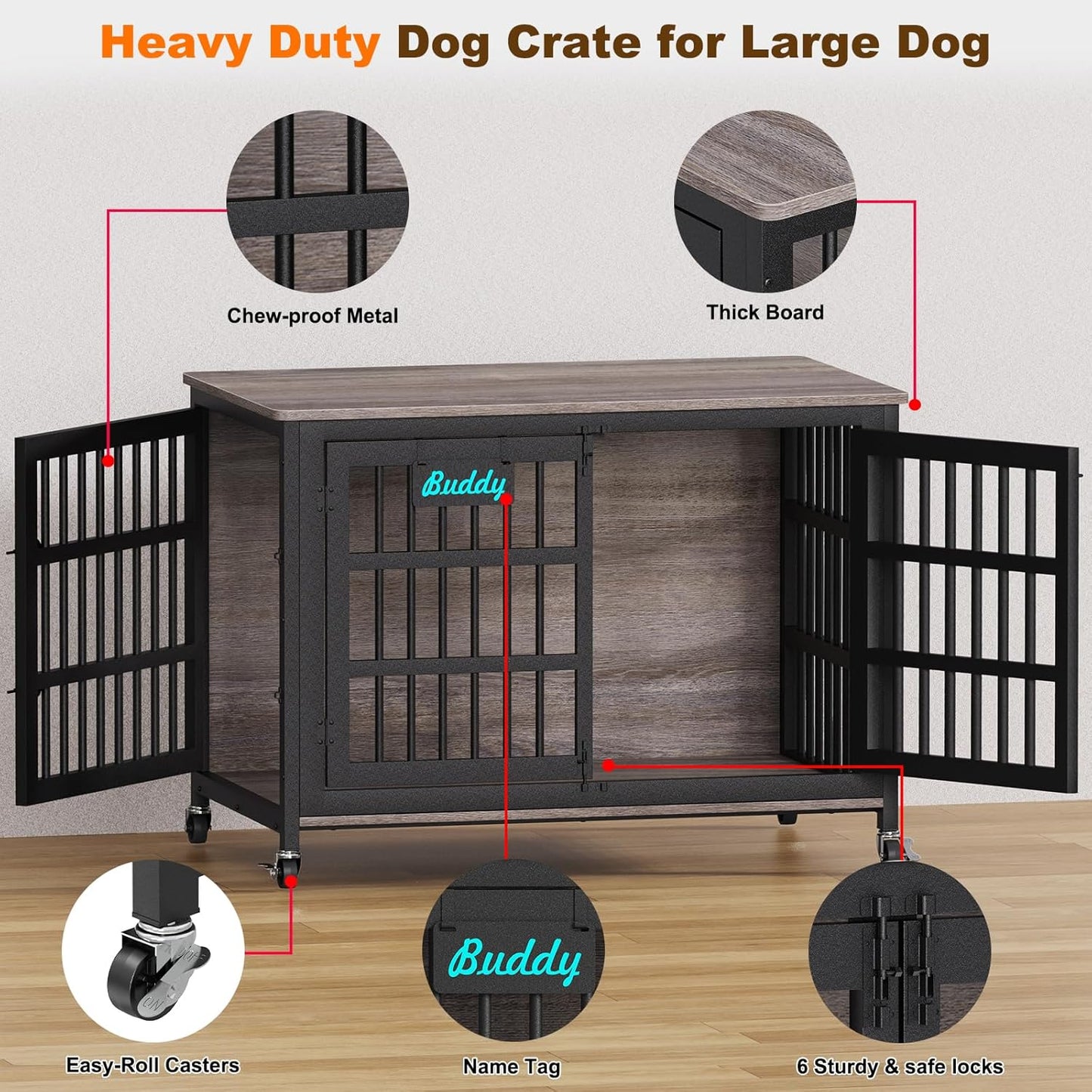 EasyCom 48"/42"/33" XXL Dog Crate Furniture with Casters, Heavy Duty Dog Kennel Indoor for Large Dogs, Escape-Proof and Chew-Proof Dog Cage for high Anxiety Dog, Decorate House as TV Stand, End Table