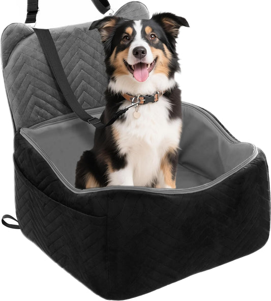 Dog Car Seat Booster with Waterproof Cover, Memory Foam, Small/Medium Dog Bed for Car Back Seat for Travel, Black/Grey, 2 Safety Belt
