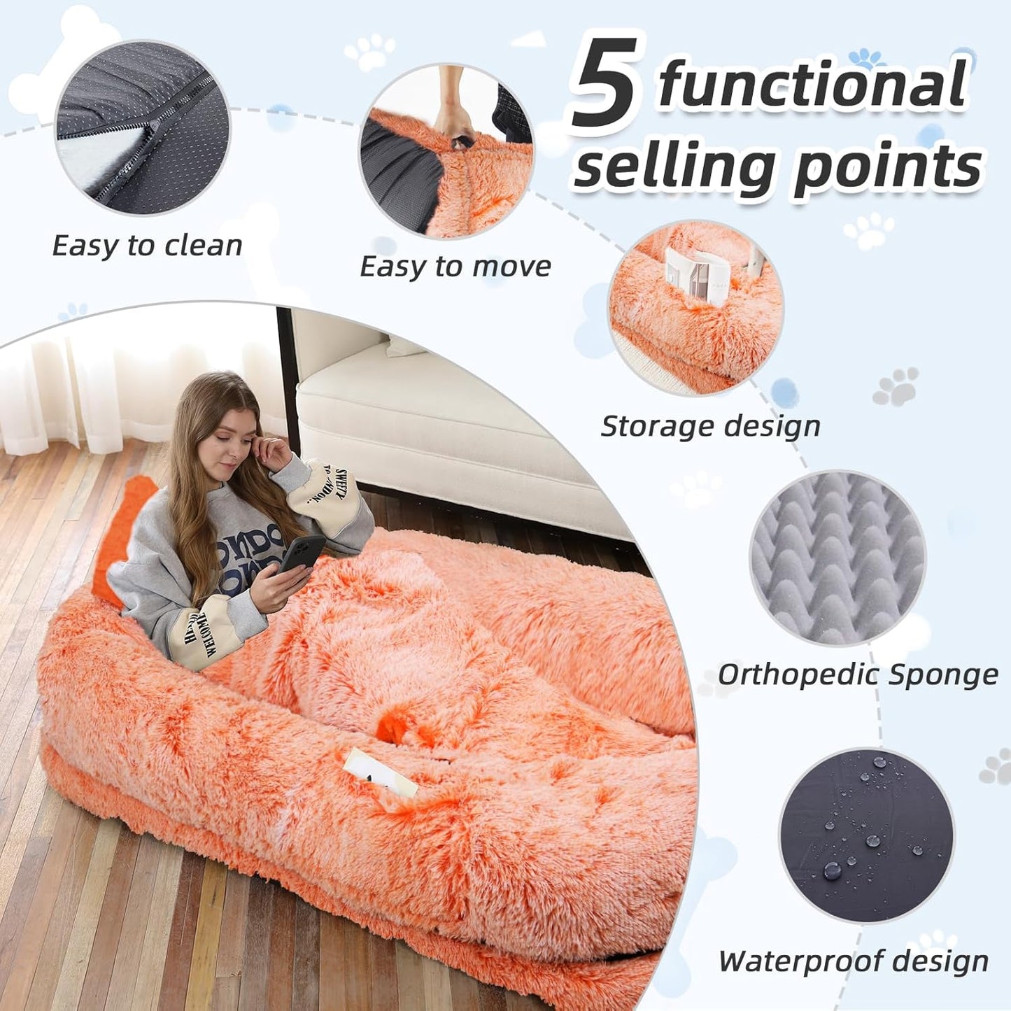 Human Dog Bed, 71''x45''x12'' Size Fits You and Pets, Washable Faux Fur Pet Bed for People Doze Off, Napping Orthopedic Dog Bed, Present Plump Pillow, Blanket, Strap - OrangeWhite