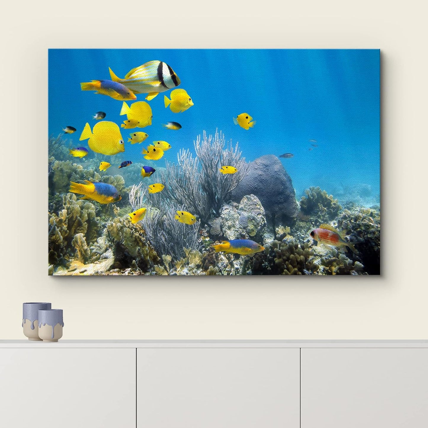 wall26 Canvas Print Wall Art Yellow School of Fish with Blue Coral Reef Nature Ocean Photography Realism Nautical Scenic Relax/Calm Multicolor Ultra for Living Room, Bedroom, Office - 16"x24"