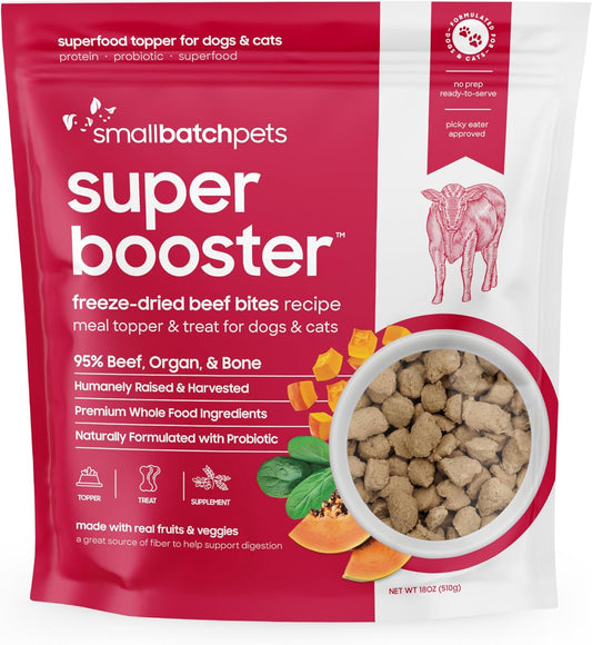Smallbatch Freeze Dried Dog Treats, Superfood Food Topper Beef Bites for Dogs & Cats, Probiotics, Organic Ingredients, High Protein, Grain Free Healthy Treat Food Topper, Made in The USA, 18 oz Bag