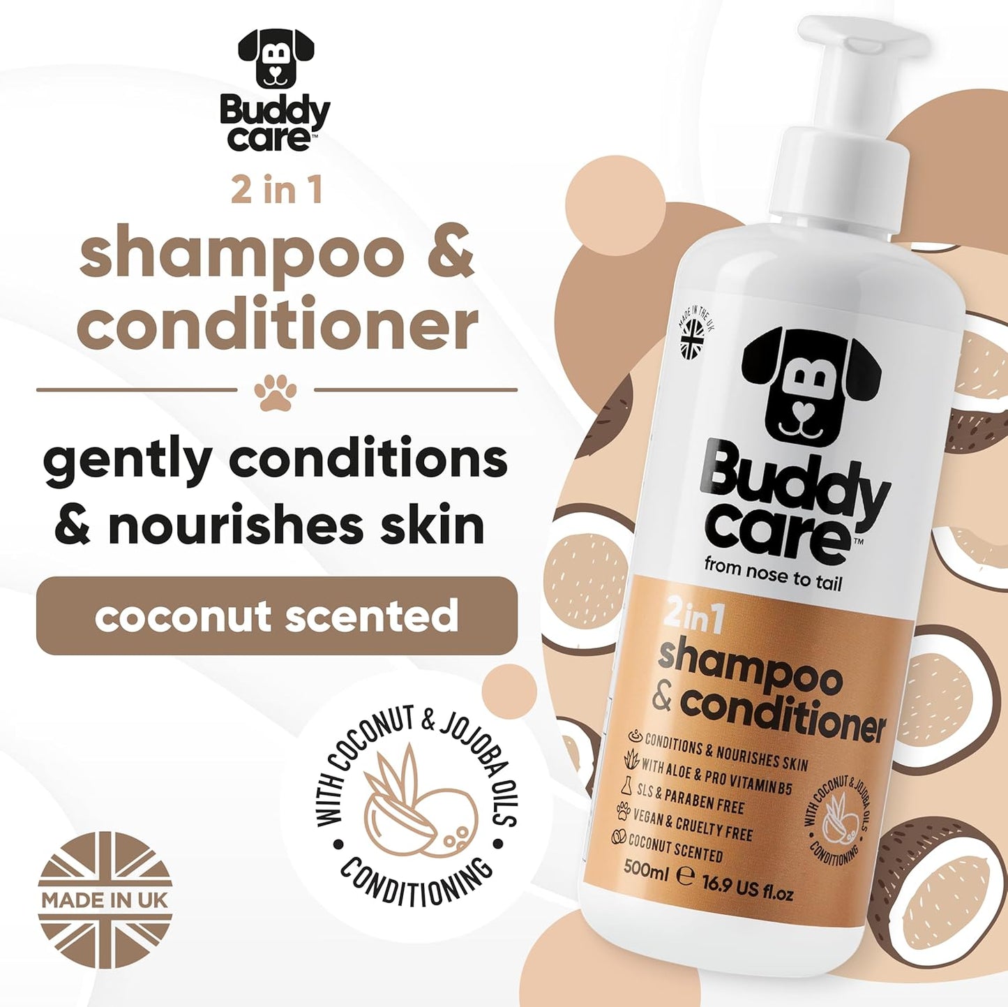 2in1 Dog Shampoo & Conditioner by Buddycare | Coconut Scented | with Aloe Vera and Pro Vitamin B5 (50.72oz)