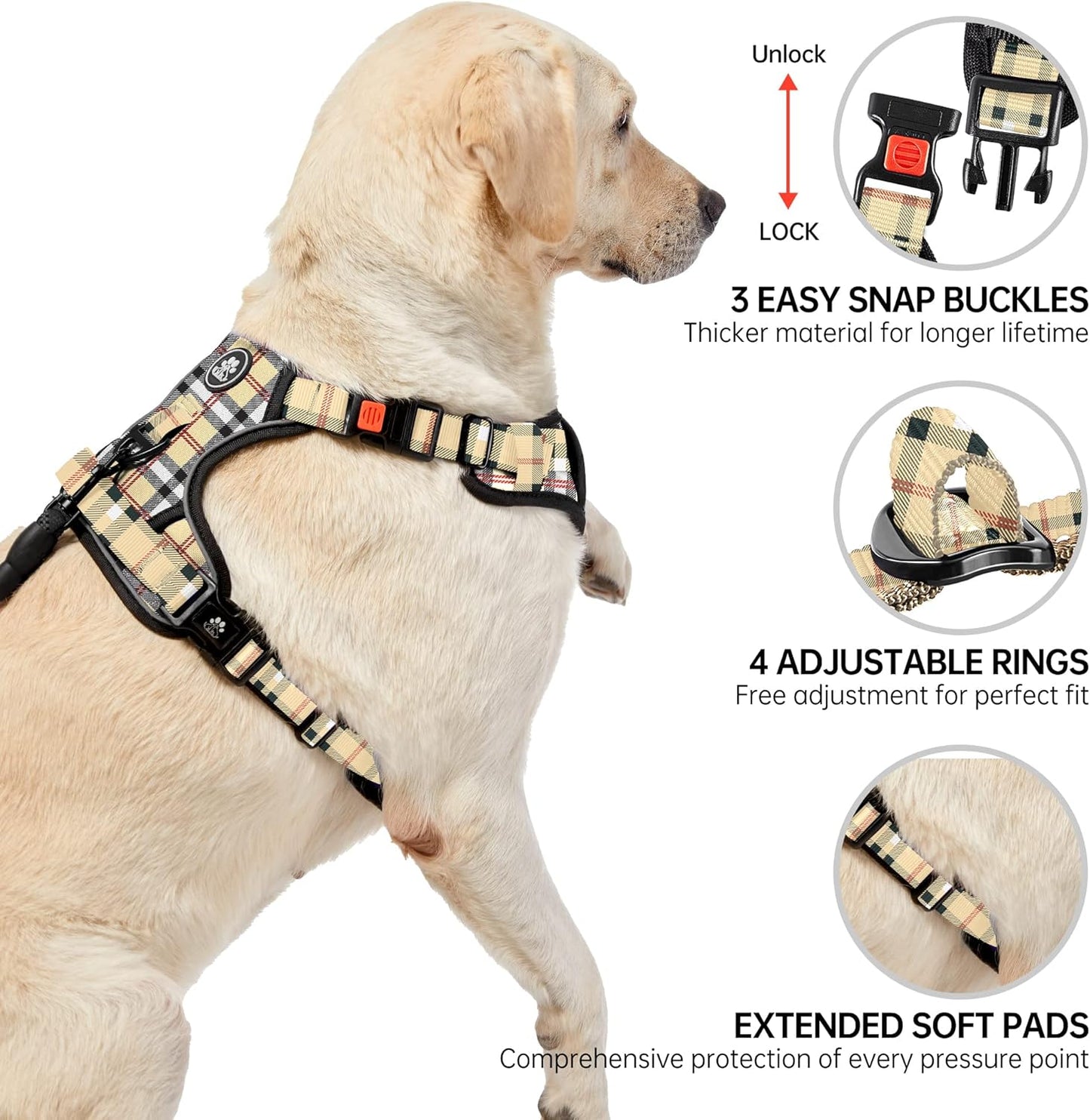NESTROAD No Pull Dog Harness with Leash, Reflective No Choke Pet Vest Harness,Adjustable Soft Padded Dog Harness with Easy Control Handle for Large Dogs(Checkered Beige,Large)
