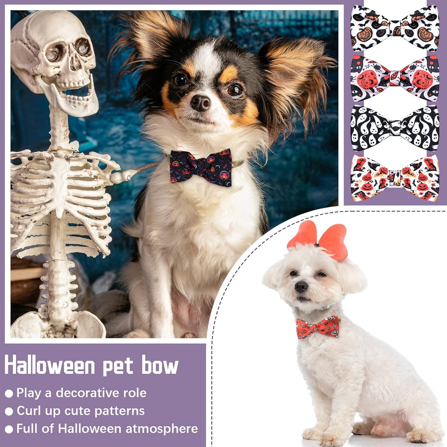 16 Pieces Dog Bow Ties Slide Dog Collar Bows Summer Hawaiian Styles Dog Collar Attachment Bows with Rubber Bands Dog Bow Ties for Large Dogs Spring Summer Grooming Independence Day (Horror Style)