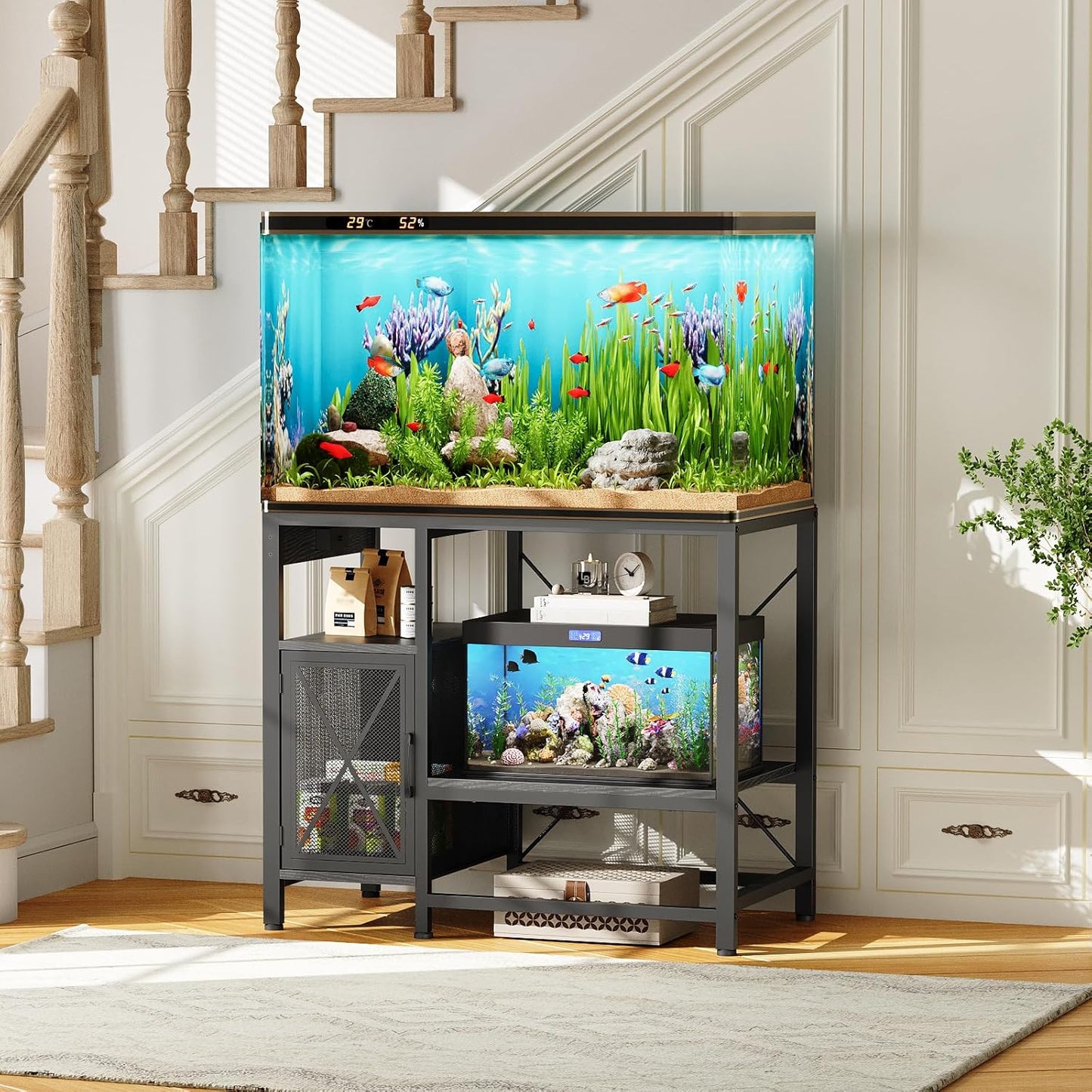 40-50 Gallon Fish Tank Stand, Aquarium Stand with Power Outlet and Storage Cabinet, Heavy Duty Tank Stand Suitable for Turtle Tank, Reptile Terrarium, for Home Office, Black FTBK50E01