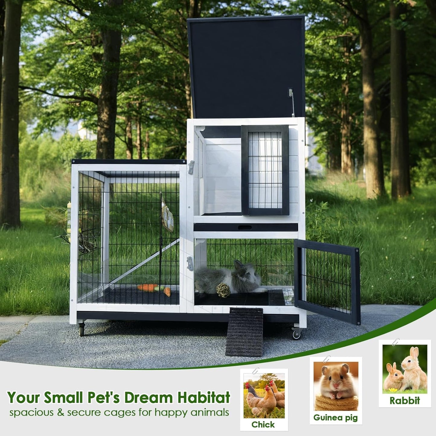 Bunny Hutch Indoor Rabbit Cage Outdoor 2-Story Rabbit House with Urine Guards and 2 Removable Tray for Small Animals