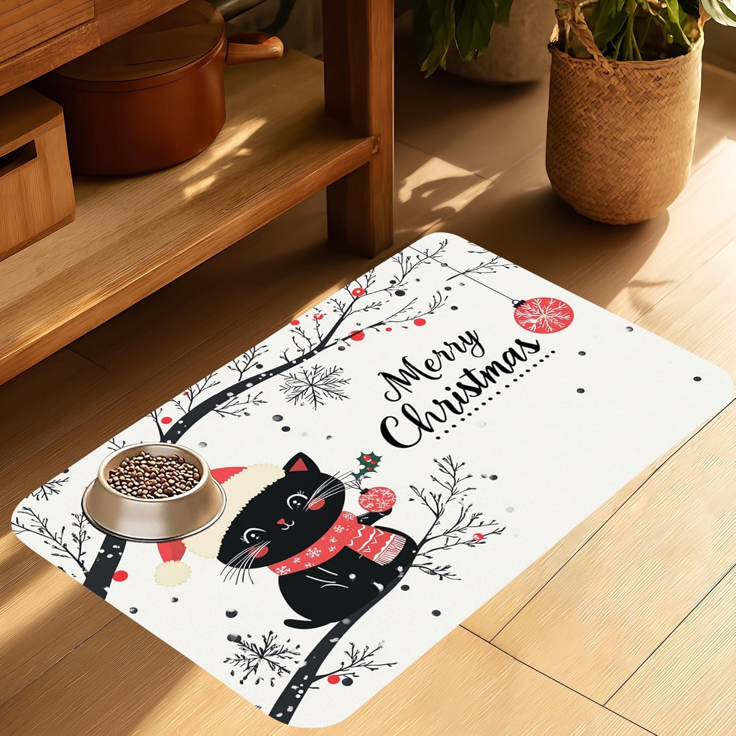 Christmas Black Cat Pet Feeding Mat-Quick Dry Absorbent Dog Cat Food Mat, Anti-Slip Water Bowl Mats for Messy Eaters-No Stains Indoor Pet Accessories 16"x24"