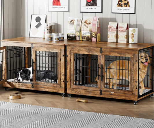 Lulive Dog Crate Furniture Set of 2, Dog Kennel Indoor Double Doors Wooden Dog Cage, 38'' Heavy Duty Dog Crate with Cushion & Wheels, End Table Pet House Chew-Resistant Up to 70 lb, Rustic Brown