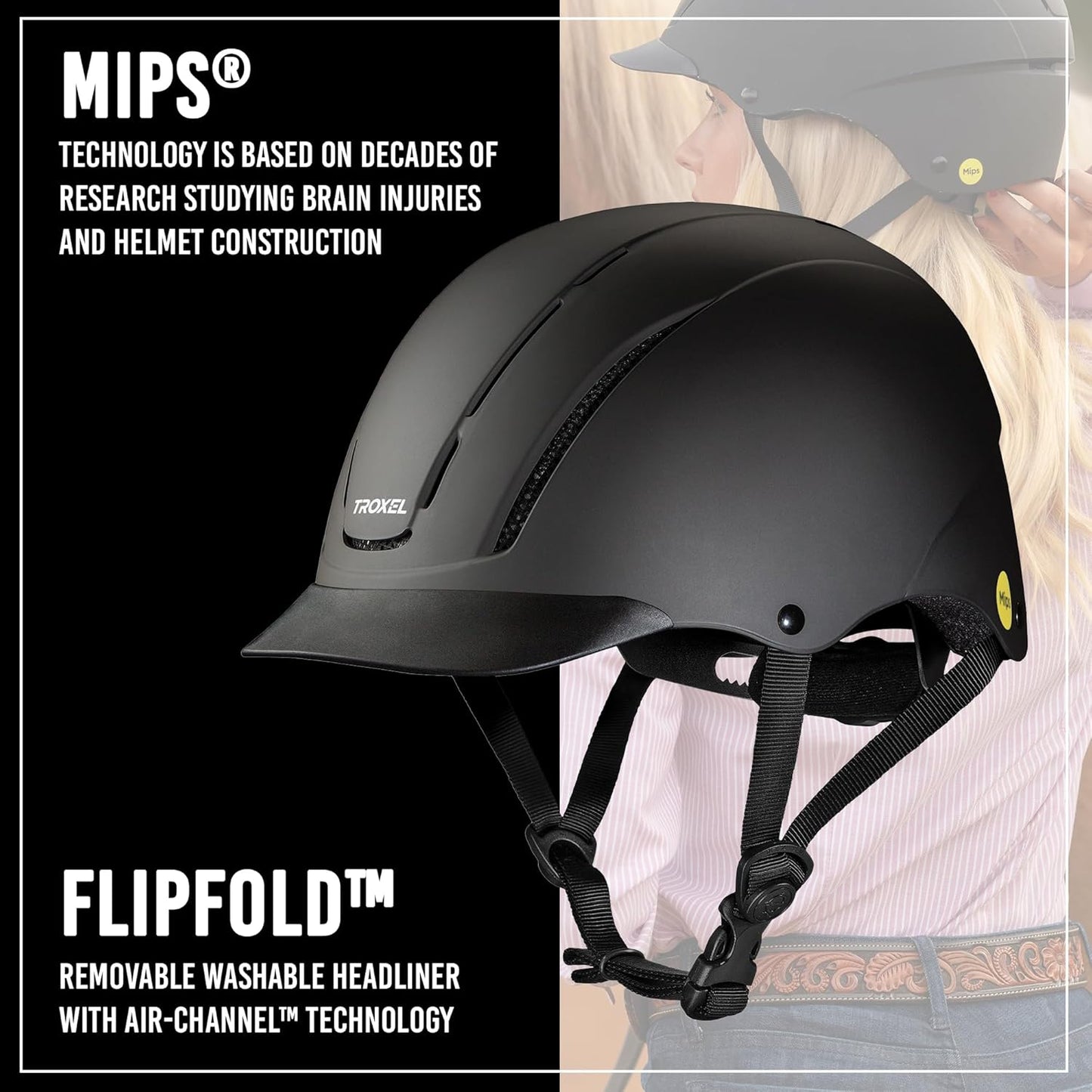 Troxel Spirit MIPS Technology Full Coverage Horse Riding Helmet, Horseback Riding Gear for Equestrians, Medium (7-7-3/8), Black Duratec