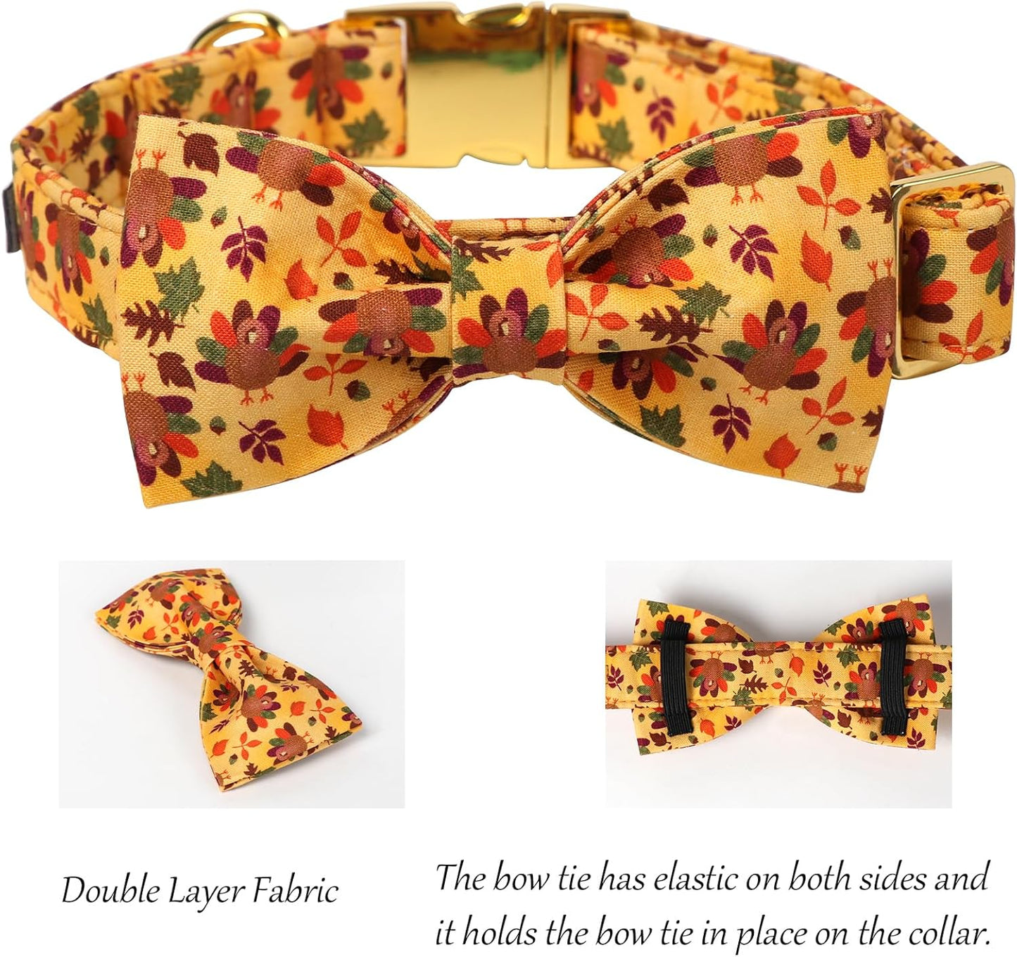 Lionet Paws Thanksgiving Day Dog Collar with Bowtie, Dogs Bowtie Collar with Metal Buckle for Dogs, Adjustable Comfortable Turkey Dog Collars Girl Boy, M, Neck 13.5-22 in