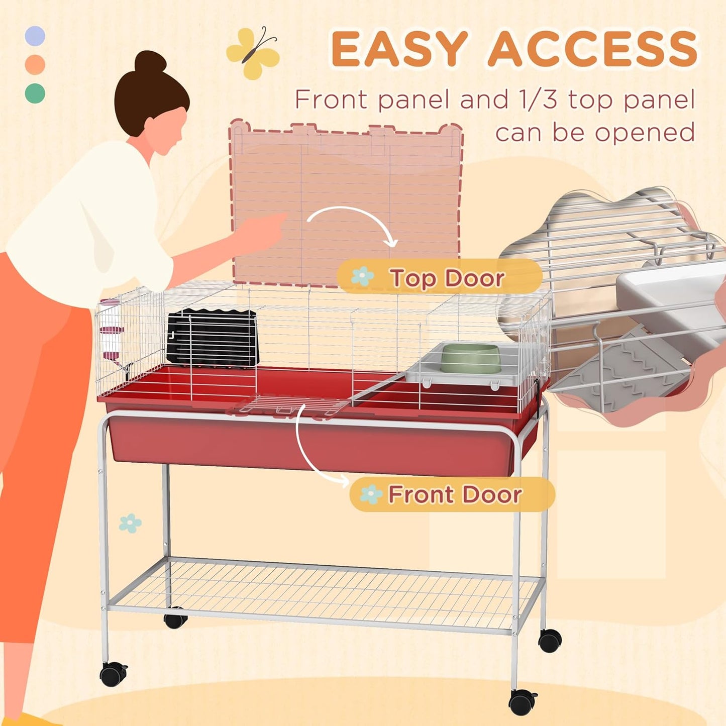 PawHut Two-Story Small Animal Cage Removable from Stand, Guinea Pig Cage with Shelf & Wheels, Pet Habitat for Hedgehog, Chinchilla, Ferret, 39" x 20.5" x 36.5", Red