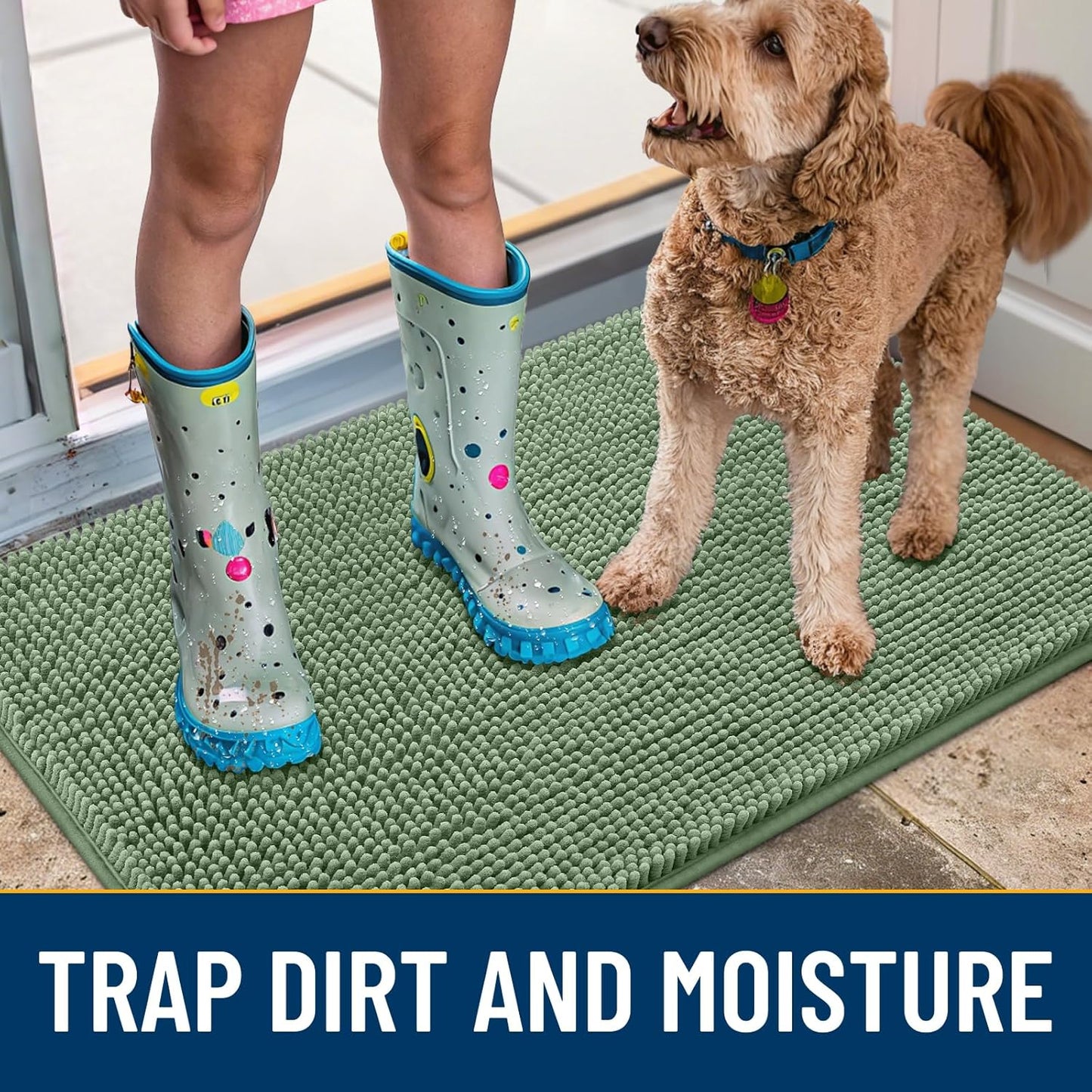 Smiry Dog Door Mat for Muddy Paws 36x24, Absorbs Moisture and Dirt Doormat, Non-Slip Washable Quick Dry Chenille Front Door Mat Indoor Entrance, Entryway Carpet for Inside Floor, Olive Green