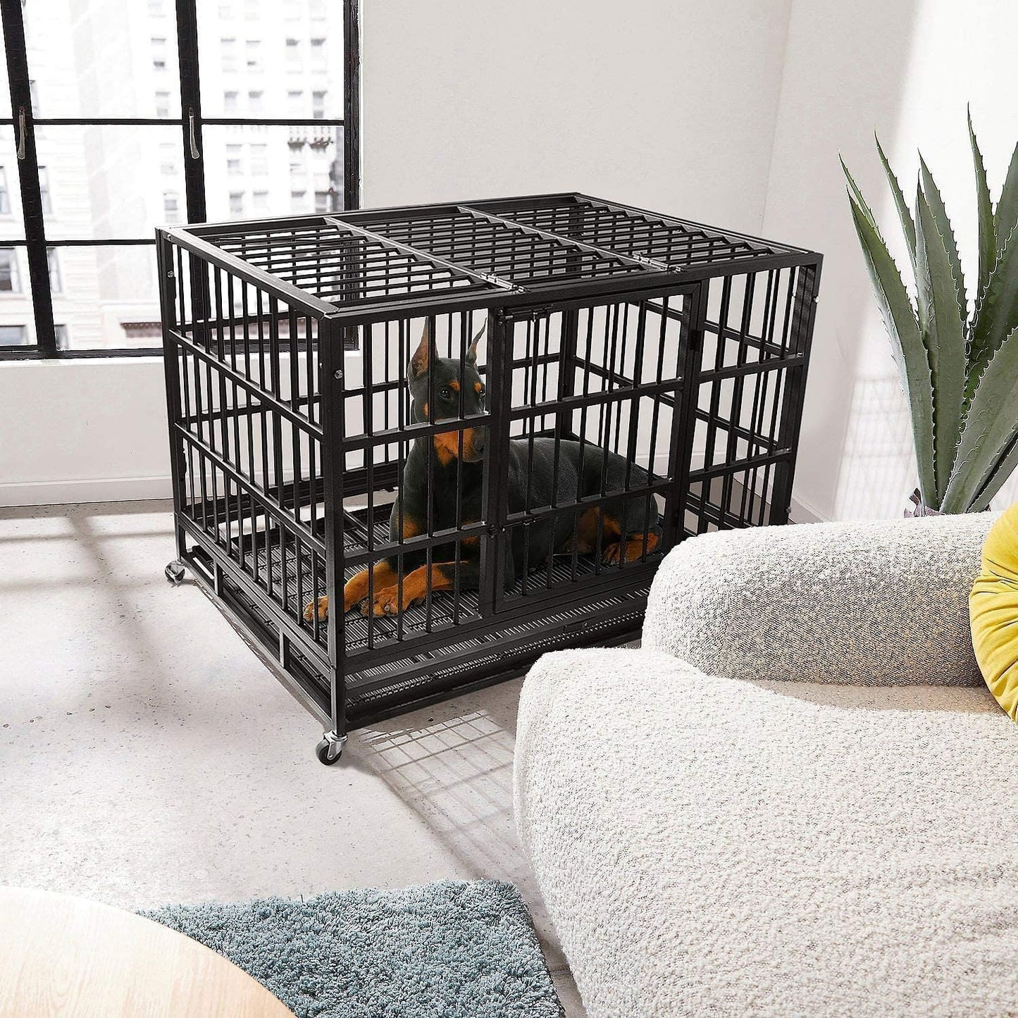 Oranland 48/38 Inch Heavy Duty Dog Crate Cage Kennel with Wheels, High Anxiety Indestructible, Sturdy Locks Design, Double Door and Removable Tray, Extra Large XL XXL