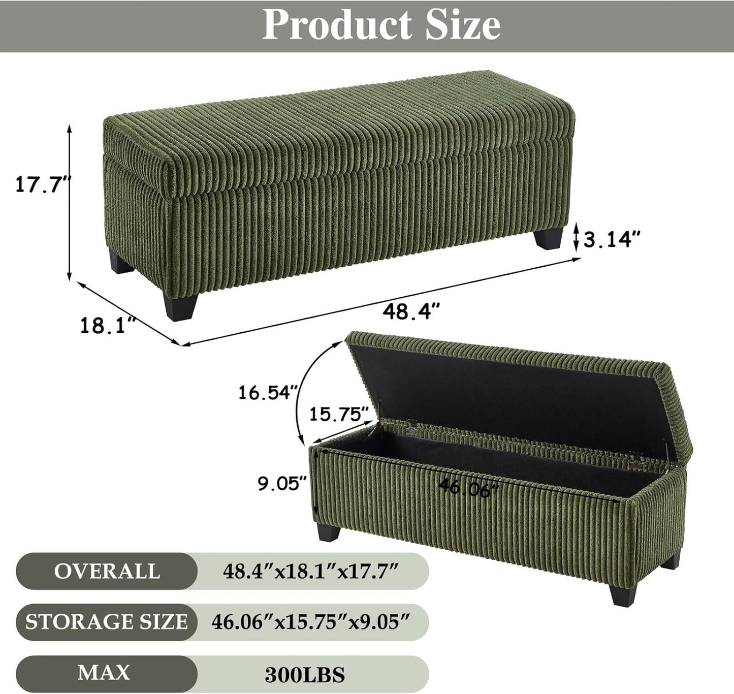 48" Green Ottoman with Storage, Corduroy Storage Ottoman Bench for Bedroom, End of Bed Bench with Safety Hinge for Living Room, Entryway
