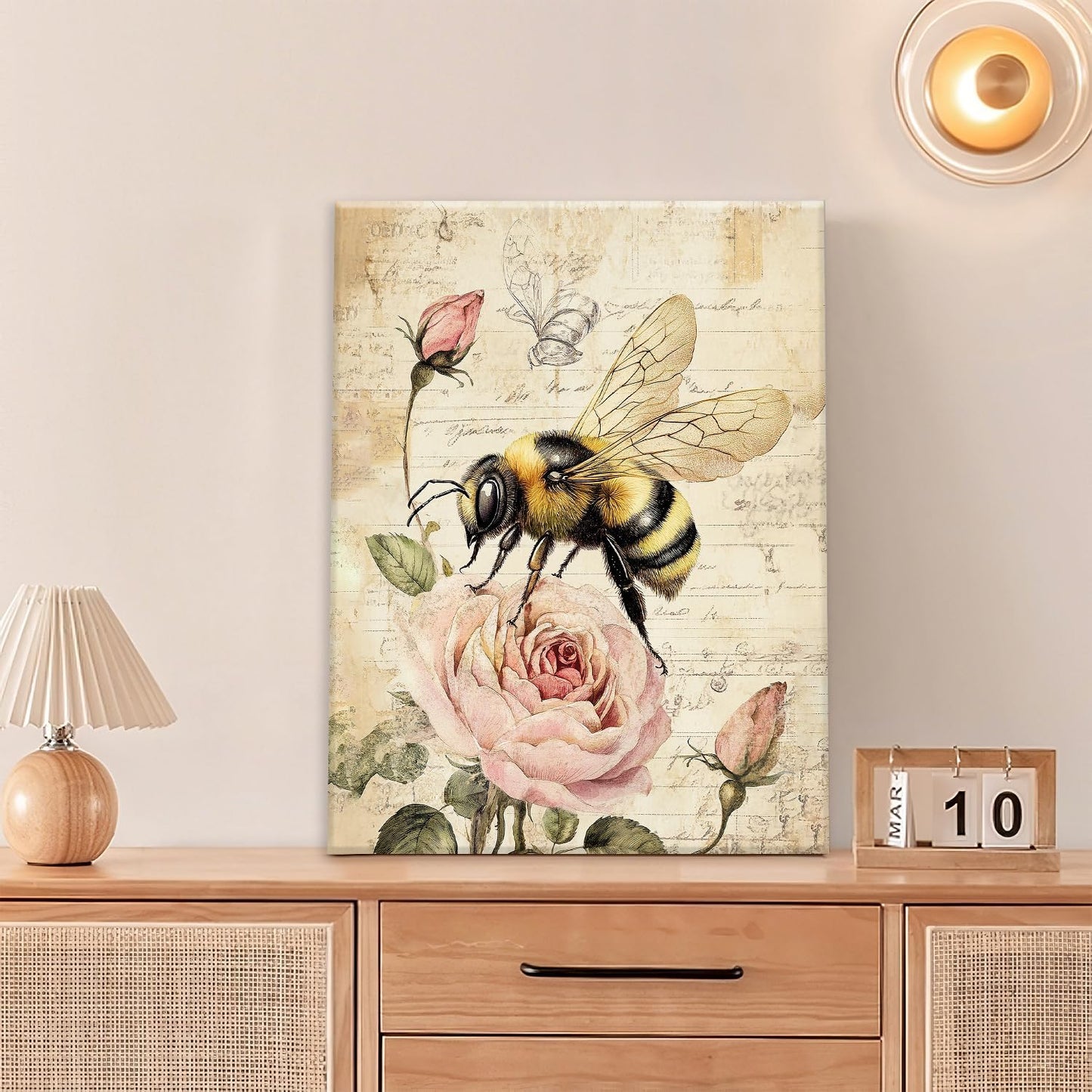 Rustic Bee Bathroom Pictures Wall Art, Vintage Floral Bathroom Wall Decor, Pink Rose Flower Framed Painting Canvas Artwork for Bedroom Living Room Decorations 16"L x 12"W
