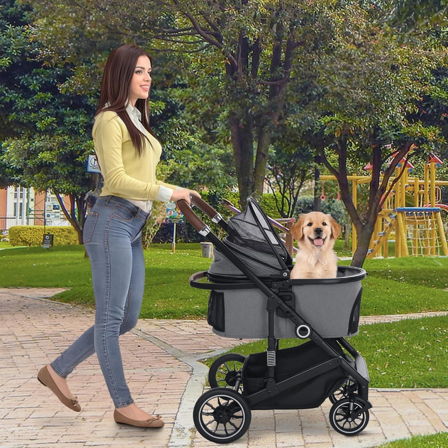Pet Stroller with 4 Wheels, 3 in 1 Folding Puppy Strollers for Small/Medium Dogs Cats up to 50lbs, Lightweight Pet Travel Carrier with Detachable Cushion, Storage Basket and Cup Holder, Gray