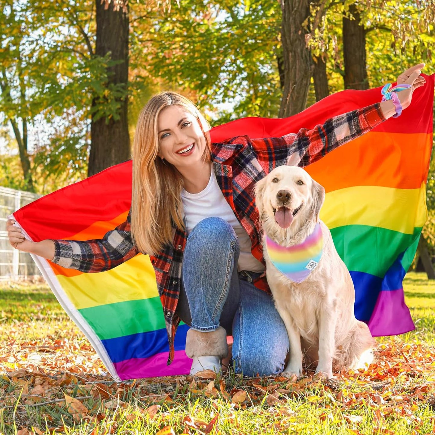 E-Clover Rainbow Dog Bandana & Matching Scrunchie Pink Purple Yellow Pet Dog Scarf Cute Dog Costumes Accessories for Small Medium Large Dogs