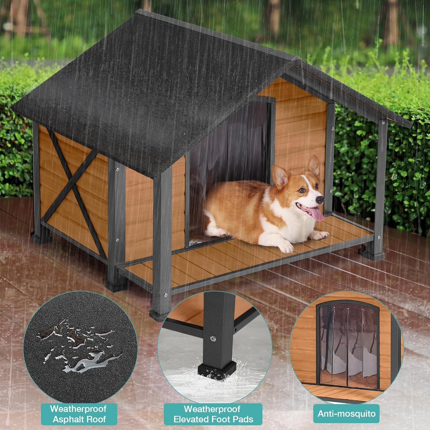 Outdoor Dog House,Weatherproof Wooden Dog Shelter for Medium and Large Sized Dogs,Iron Frame Indoor Outdoor Kennel,Pets Warm House in Winter with Large Porch (34.25"D x40.59"W x 31.5"H -IN)