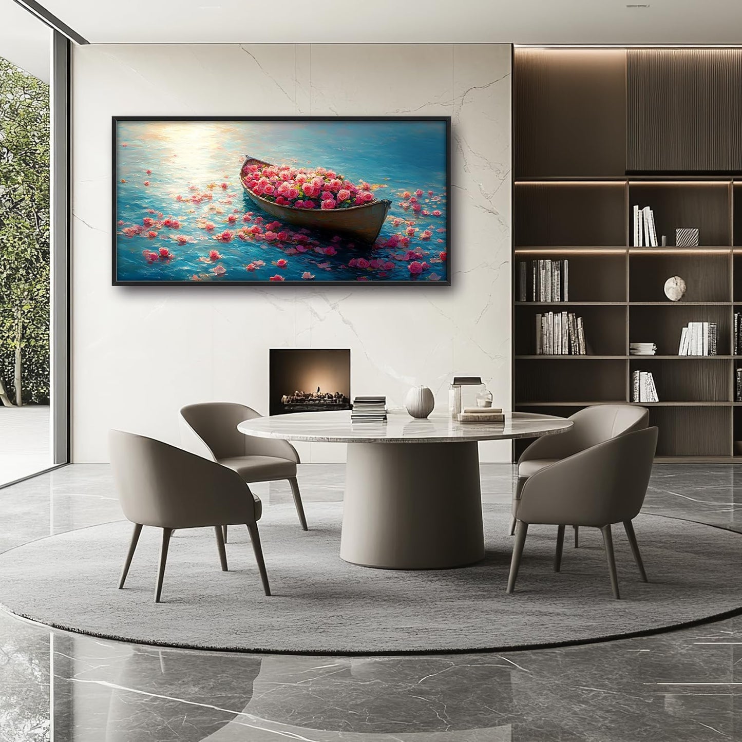 Large Lake Floral Landscape Wall Art for Living Room, Nature Boat Flower Canvas Oversized Wall Decor, Rose Scenery Framed Pictures Painting Print Artwork for Bedroom Office 60L" x 30W"