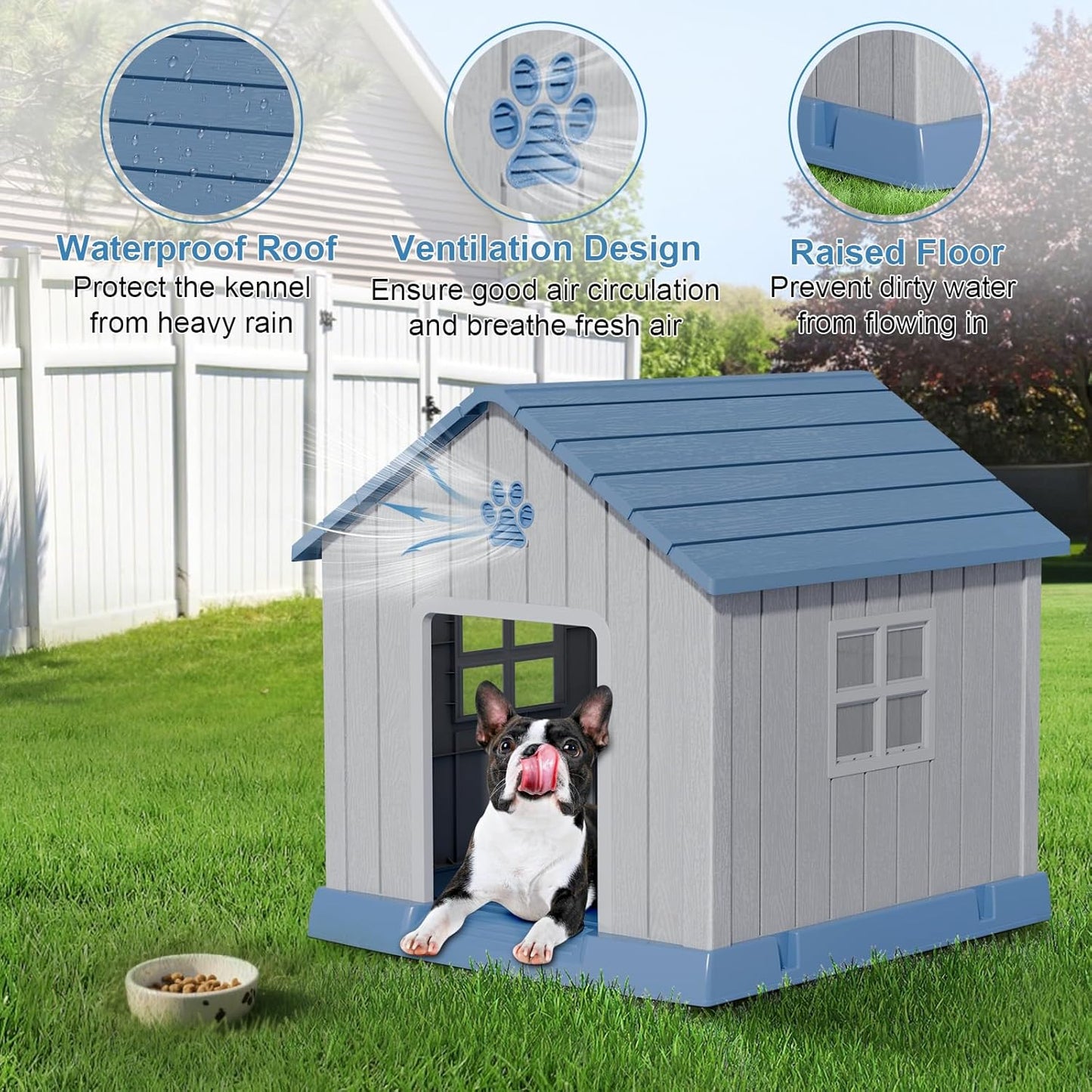 Dog House Indoor Outdoor for Small to Large Sized Dogs Resin Outdoor Dog House with Ventilation Puppy Shelter with Elevated Floor, Easy to Assemble, Blue