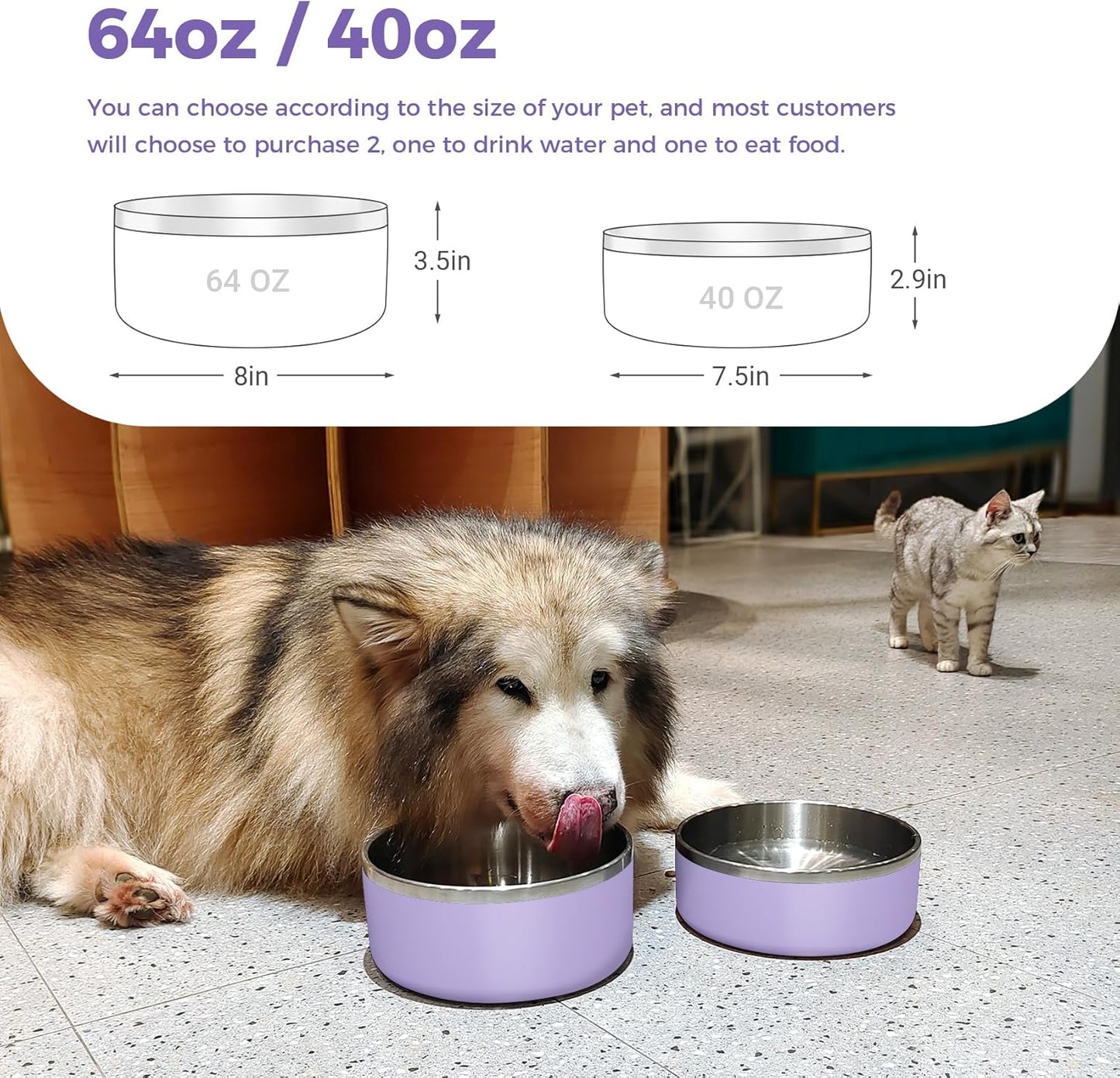Dog Bowl, Stainless Steel Dog Food and Water Bowl with Non Slip Quiet Bottom, Easy to Clean, Dishwasher Safe, 40oz, Light Purple