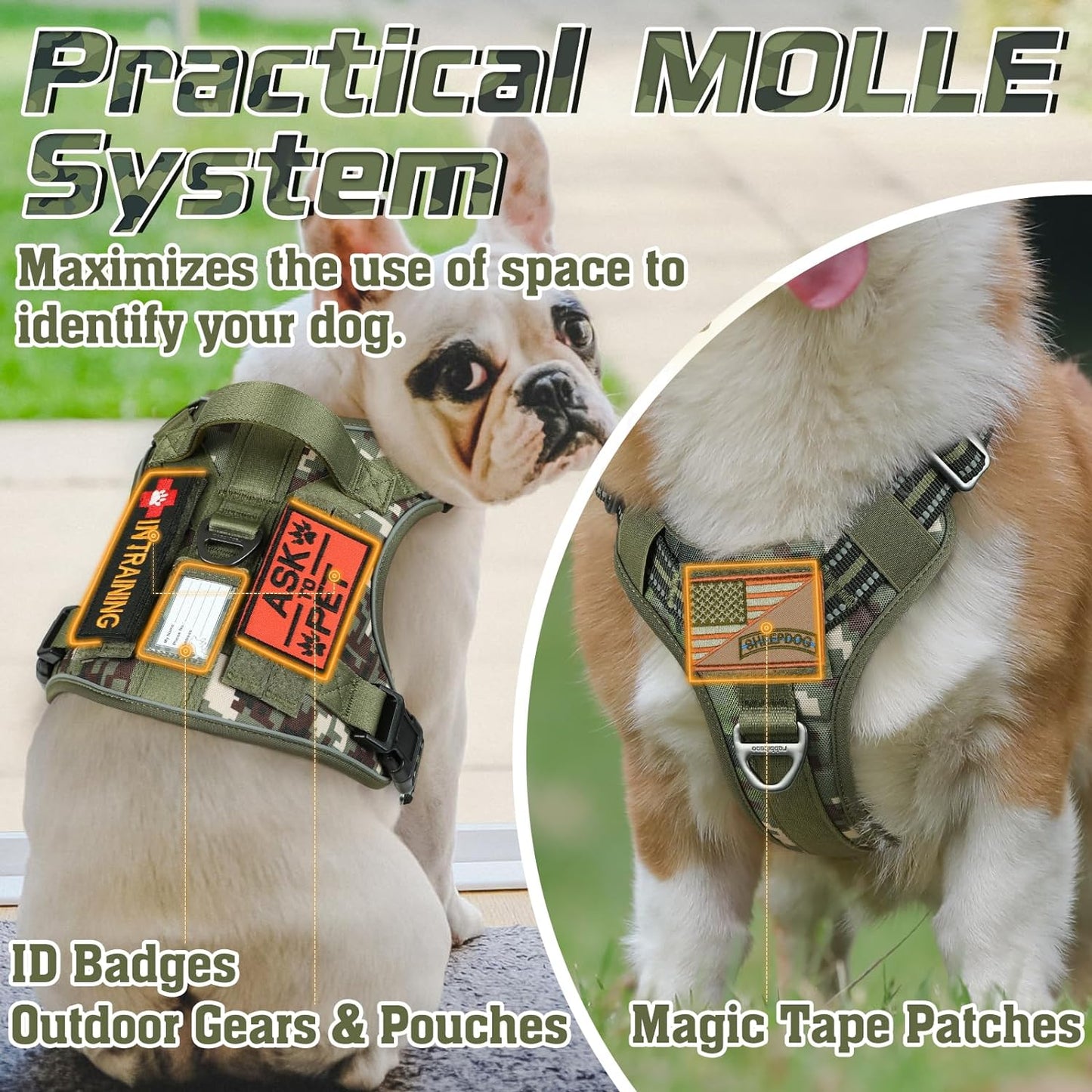 rabbitgoo Tactical Dog Harness for Small Dogs, No Pull Military Service Vest with Handle & Molle, Easy Control for Training Walking, Adjustable Reflective Straps, Green camo, S