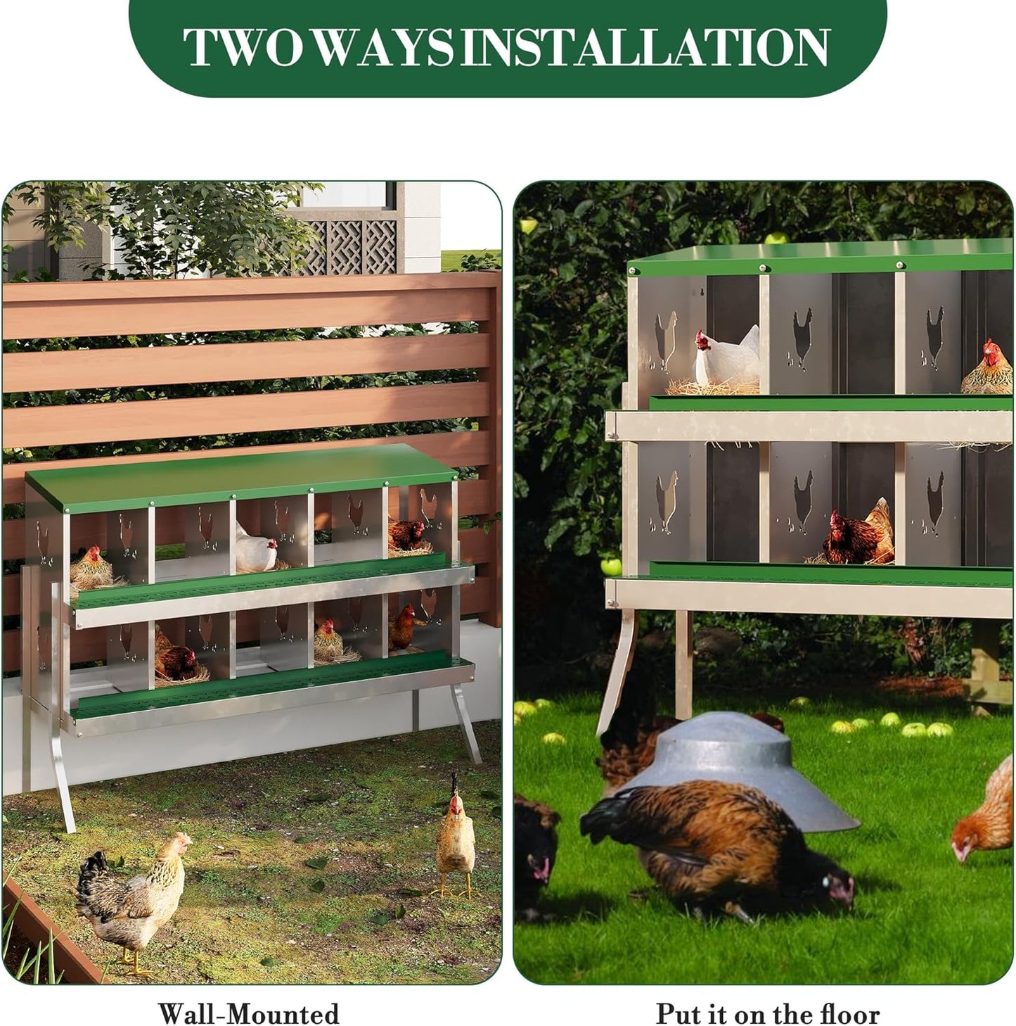 10 Hole Chicken Nesting Box with Roll Out Egg Tray, Rustproof & Ventilated Chicken Laying Boxes for Hens, Chickens, Ducks | Easy-Clean Poultry Coop Accessories, Green with Stand