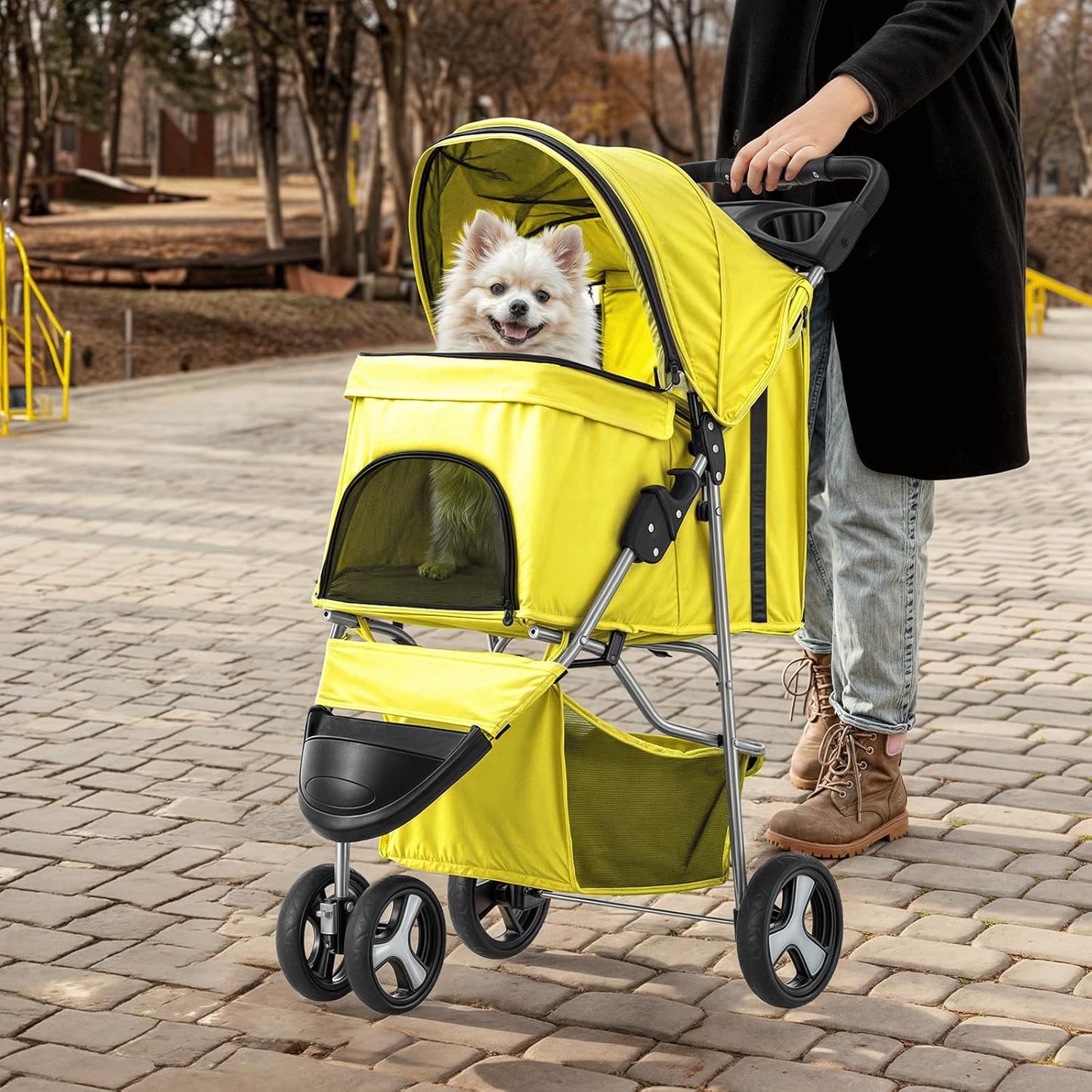 MoNiBloom Foldable Pet Stroller with Waterproof Cover, 3-Wheels Dog Strolling Cart for Small/Medium Dogs and Cats with Storage Basket and Cup Holder, Breathable and Visible Mesh for All-Season, Yellow