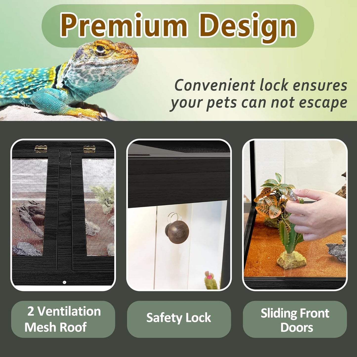 PROLEE Bearded Dragon Tank,Tempered Glass Reptile Tank with Mesh Roof and Front Sliding Door,Anti-Scratch Lizard Tank,Spacious Reptile Enclosure for Snakes,Lguanas (Black, 63Gallons,40"x20"x20")