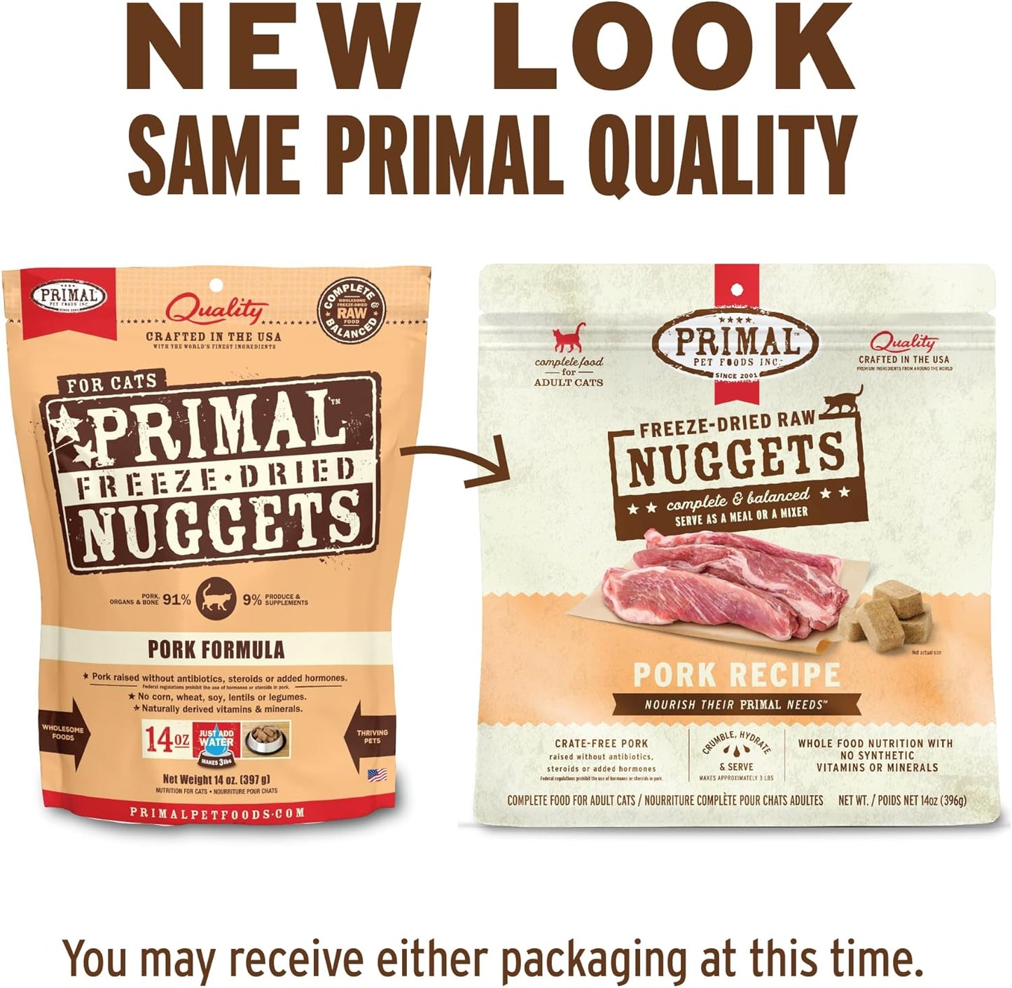 Primal Freeze Dried Raw Cat Food Nuggets Pork, Complete & Balanced Meal or Topper, Premium, Healthy, Grain Free, High Protein Raw Cat Food with Probiotics (14 oz)