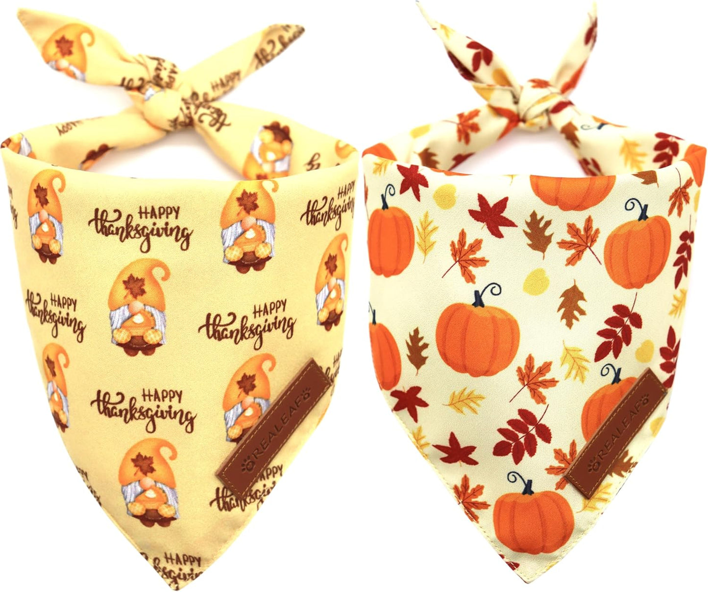 Realeaf Thanksgiving Dog Bandanas 2 Pack, Pumpkins and Happy Thanksgiving Pet Scarf for Boy and Girl, Premium Durable Fabric, Reversible Holiday Bandana for Small and Medium Dogs Pets (Small)