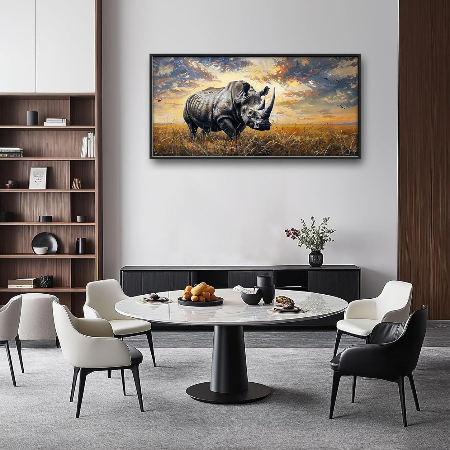 Rhino Large Wall Art Rustic Cool Wild Animal Rhinoceros Pictures Sunset Field Landscape Wall Decor Canvas Print Painting Artwork for Bathroom Living Room Bedroom 60L" x 30W"