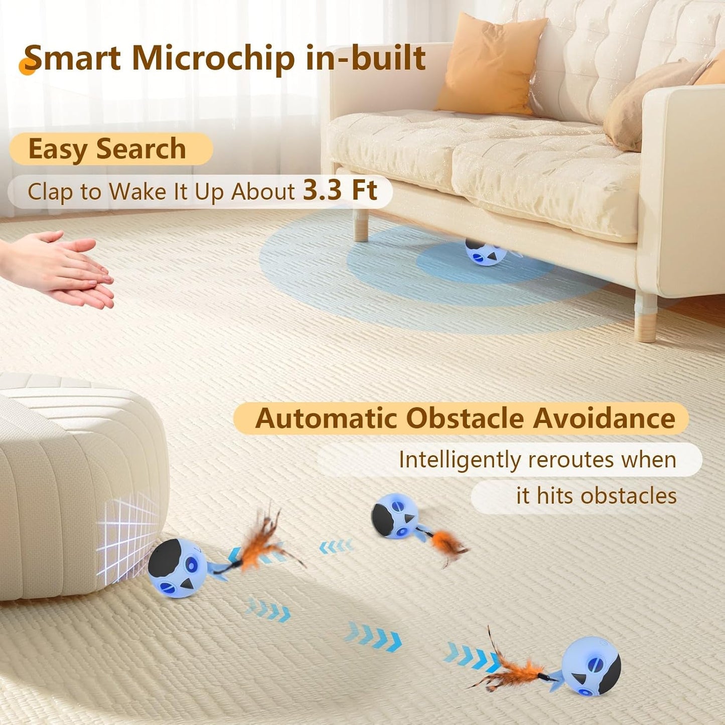 ORSDA Cat Toys, Interactive Cat Toy for Indoor Cats, Automatic Moving Ball Bird for Indoor Adult Cats Kitten Toys All Breeds, Fast Rolling Motion Activated Chirping Stimulating Light, 2 Feather Refill